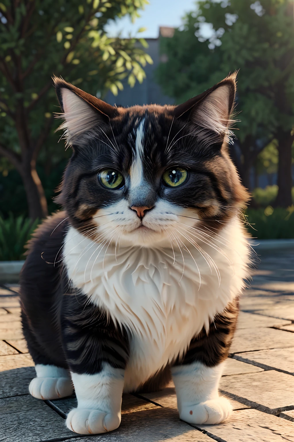 (best quality:1.33), (masterpiece:1.42), (realistic:1.24), (detailed:1.15), Cute furry and chubby cat with blue eyes playing with playing outdoor in nature,,, volumetric lighting, global illumination, raytracing, detailed hyperrealism,