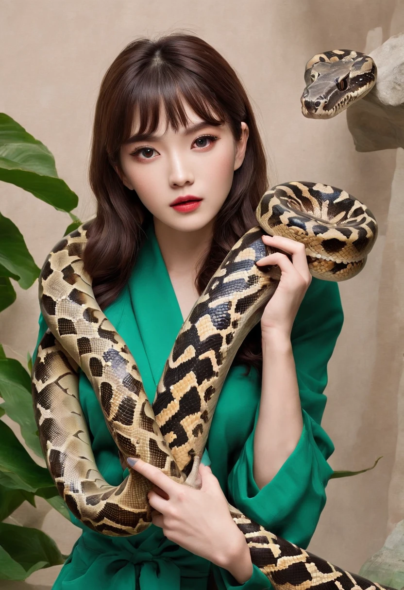 ((Korean beautiful girl and((A large python,The big python wrapped around the beautiful girl)))),Brown hair,adorable eyes,Neat bangs,(((Greenhouse background)))