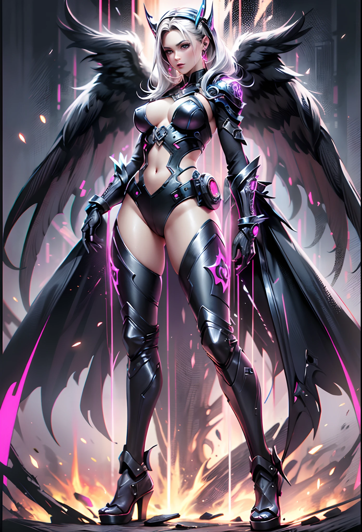 nijistyle,rfktr_technotrex,cyberpunk (sorceress, futuristic angelic wings on her back, She's dramatically standing seductively and Alluring. Sensual. Her outfit is very sexy and showing a lot revealing, She's holding a fire energy sword. :1.2) wearing armor, robes, cape, blend fantasy and science fiction together, techno-mancer inspired by D&D, Shadowrun, forgotten realms, art inspired by balder's gate 3 art, wlop, dramatic low lens facing up. Full body portrait. Luminous. Techno cyberpunk futuristicinematic background. 4k, 8k. UHD, intricately detailed. Greasy skin. Realistic color. Bold and vivid colors. Fine line quality.