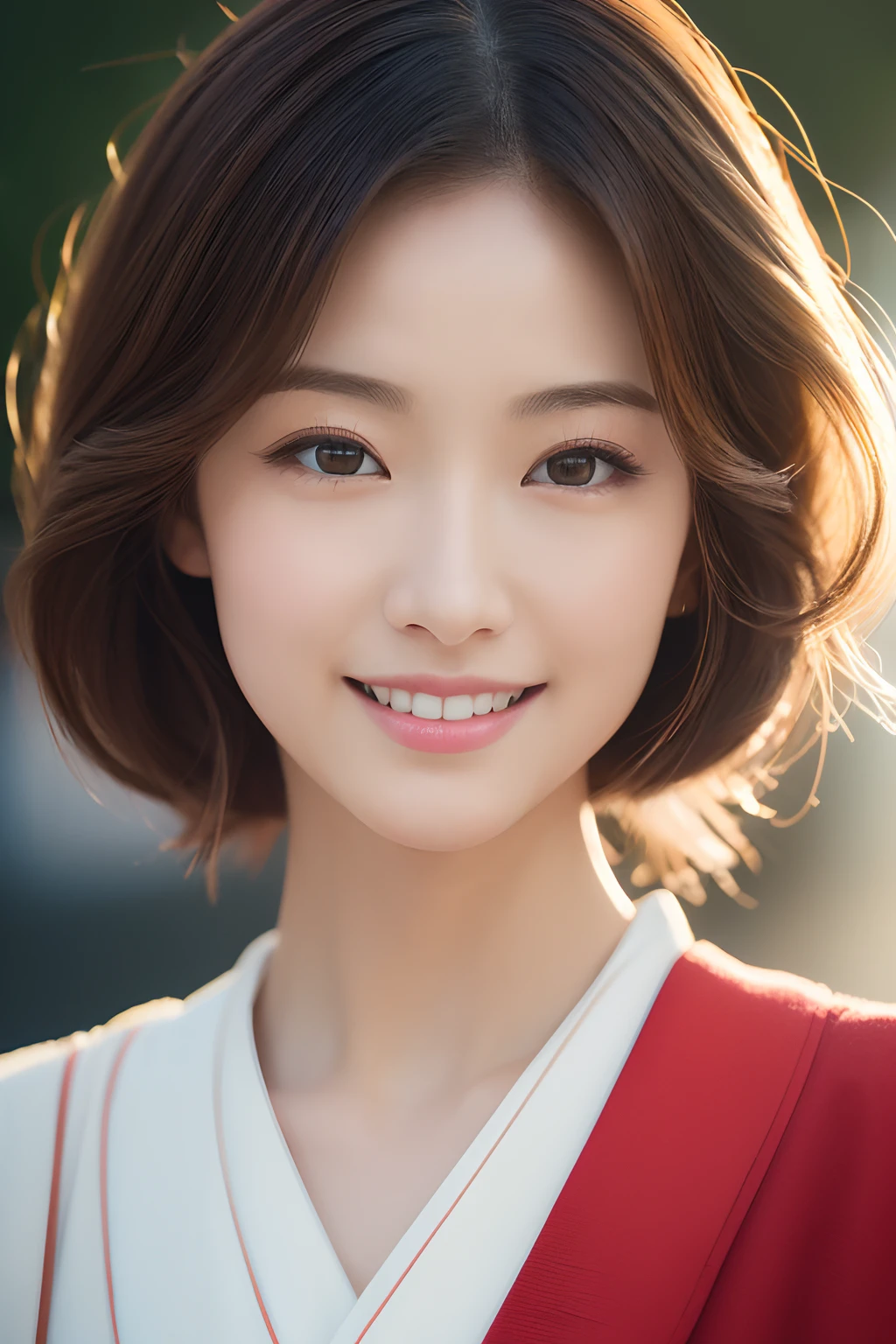 Petite woman with brown hair 20 years old、Wearing a red kimono、goddes、bloom、lensflare、(8K、raw、proffesional、top-quality、masterpiece:1.2)、(realisitic、Photorealsitic:1.37)、ultra-detailliert、(25mm portrait front view)、(Highest Details Skins:1.2)、(Supreme Detail Face:1.2)、Cinematographic lighting、1womanl、japanes、Chignon hairstyle、(Windy)、Walking on a street corner、Warm white light、A smile、shot from front、((top-quality、8K、masterpiece:1.3))、Highly detailed facial and skin texture、A detailed eye、二重まぶた、