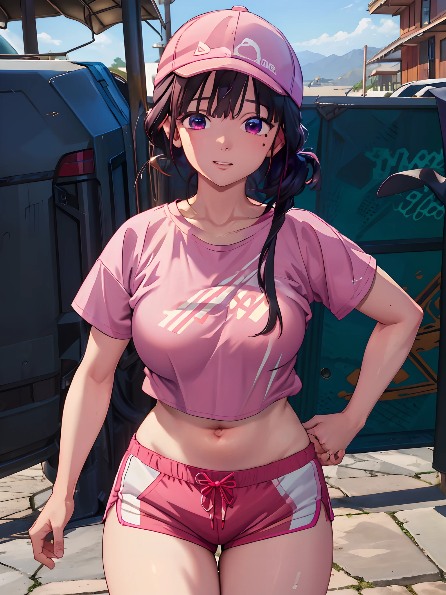 (masterpiece, best quality:1.2), highres, high resolution, MiyoSaimori, 1girl, solo, smile, teeth visible, (hair tied up), T-shirt, white T-shirt, half sleeves, shorts, running shorts, pink running shorts, ((cap, sports cap, pink cap)), outdoors, beach, bangs, (large breast), looking at viewer, (thick thighs), cinematic lighting, perfect fingers, perfect anatomy, beautiful face, alluring face, extra detailed face, award winning quality, blur background, ((masterpiece)), high quality, (cowboy shot)