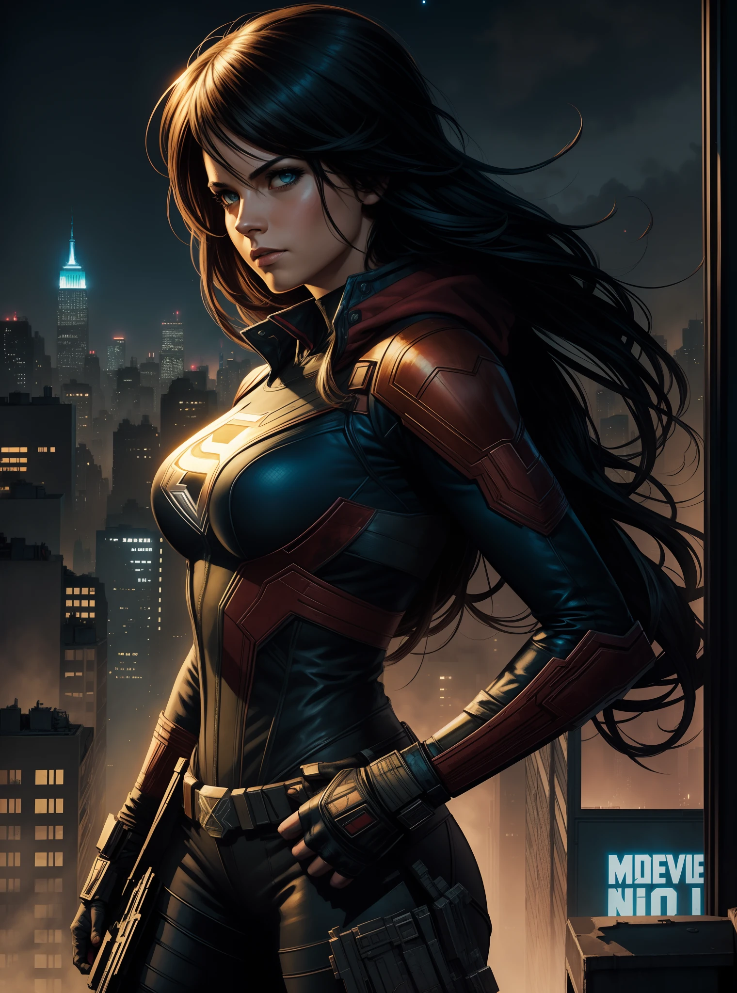 portrait, marvel comics, female superhero, night roof nyc, comic style, ink painting, multicoloured, highly detailed, behance hd, cityscape, Aleksi Briclot, Alex Maleev, Alice Pasquini, anthotype art