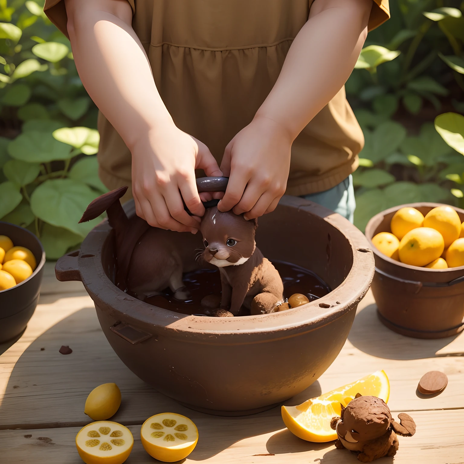 Brownie happily worked together. They broke a lot of mangoes and put them in a large pot. The pot became too heavy, But they were both very hardworking and confident.
When they returned to the village, So all his friends were shocked. They were all surprised that this boy and brownie had plucked so many mangoes.