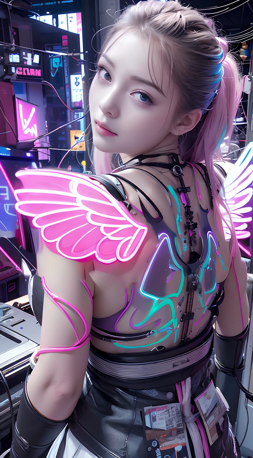 Neon wings growing from the back、Pink neon、top-quality