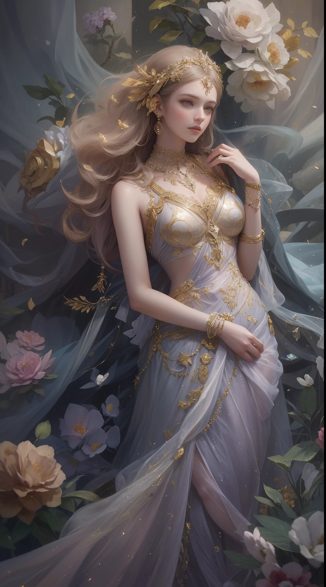 (Best quality,8K,A high resolution,Masterpiece:1.2),Ultra-detailed,(Realistic,Photorealistic,photo-realistic:1.37),Portrait,Creative style artwork,Historical,classical,Sophisticated,plethora of colors,Highly detailed,Soft lighting,luxurious environment,Delicate fairy flowing dress,Vibrant flowers,detailed jewellery,Ethereal atmosphere,Elegant Pose,Graceful curves,Gold body proportions,Flowing hair,Breathtaking textile patterns,Harsh purple eyes,Delicate floral decoration,A dazzling array of crystal accessories,Mysterious and dreamy atmosphere,Impeccable attention to detail.