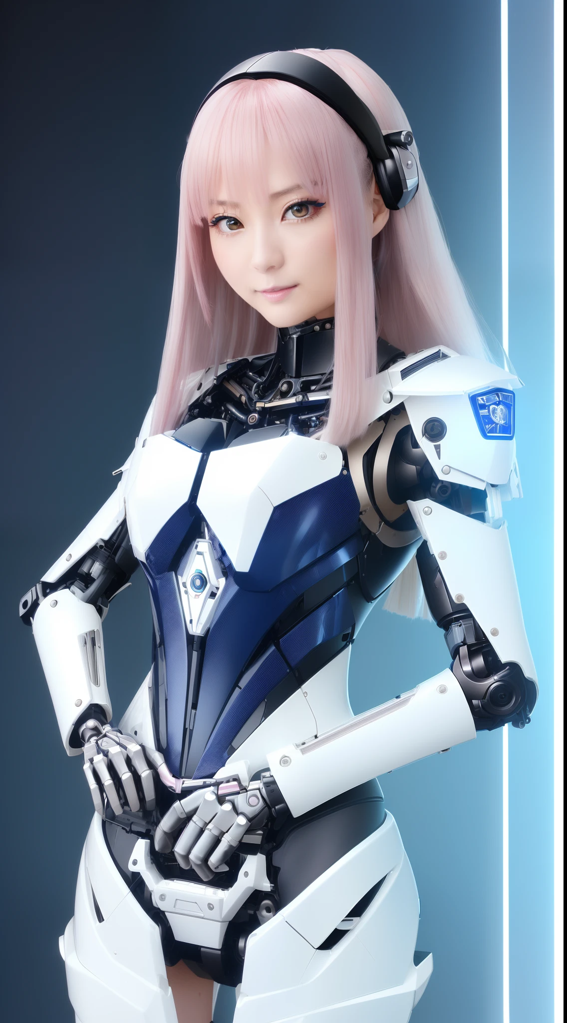 ((masutepiece)), ((top-quality), high quarity、ultra-definition, Realistic, (Ultra-fine face)、fulcolor 、scientific fiction、One beautiful robot police woman、(Mechanical joints:1.1)、Parts of the machine、Thick wire joints、White porcelain mechanical armor、(Curvaceous face)、deadpan、Normal mouth、pink straight hair、((Electronic substrate))、Take photos from head to knee