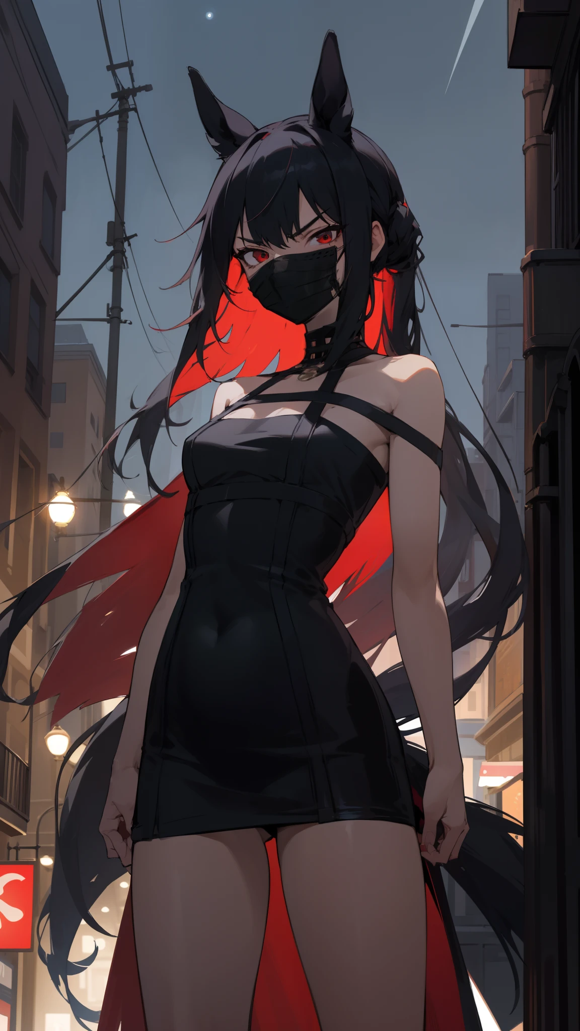 Original Character,8k, Masterpiece, Best Quality,Detailed, Beautiful Detailed Eyes, sharp focus,solo),1girl ,20s,tall,(angry face),bare thighs, Yor outfit,small breasts,black hair,(long hair),red eyes,horse ears,horse tail,(black mask),standing next to a store on a city street at night,(night,night sky),(cowboy shot)