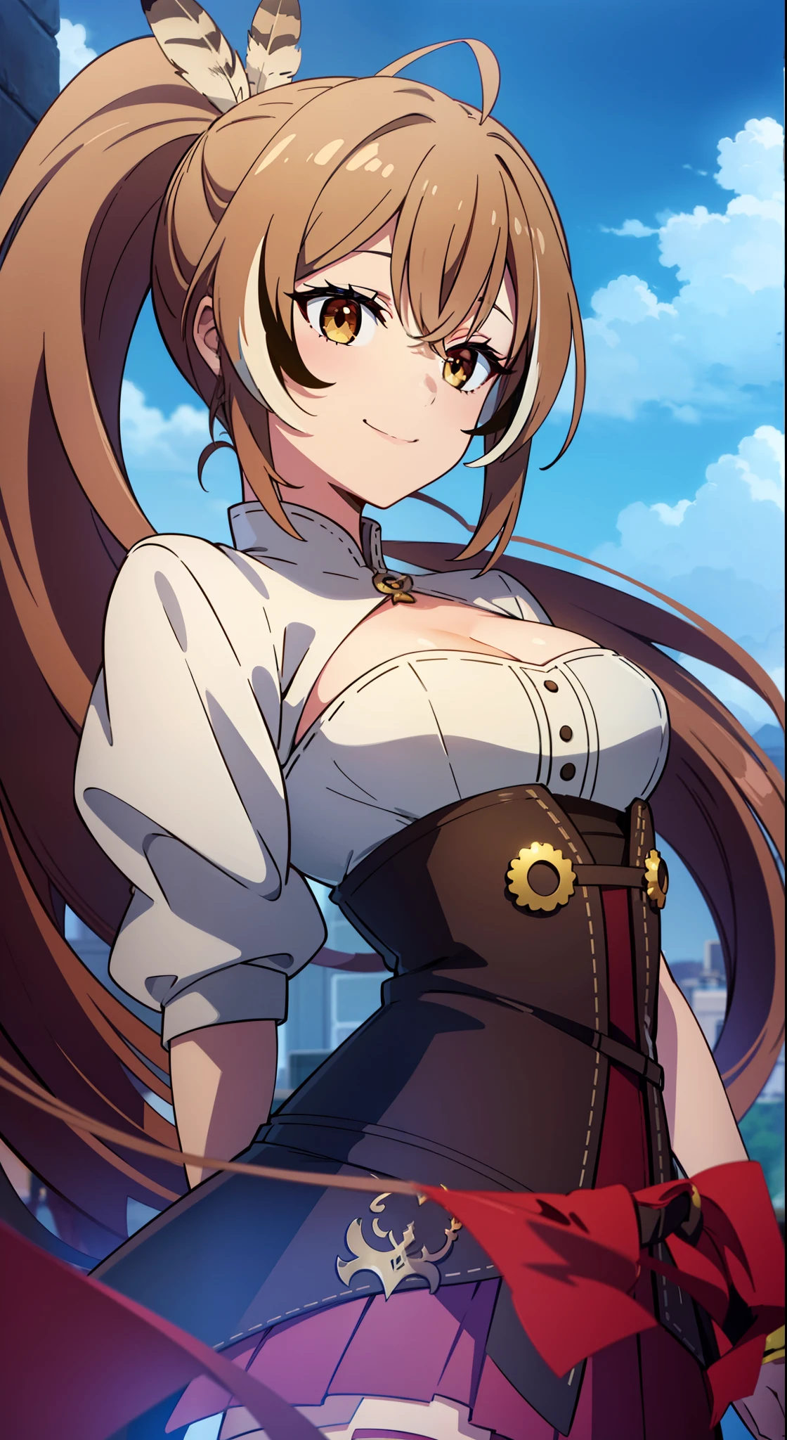 2D, HD, Detailed details, Detailed landscapes, beautiful lights, Beautiful Shadows, top-quality, Highly detailed, masterpiece, best quality, highres, aamumei, long hair, ponytail, ahoge, multicolored hair, feather hair ornament, hairclip, white shirt, brown corset, red skirt, mini breasts, closed mouth, smile, looking at viewer, highly detailed hands, highly detailed eyes, cleavage, Perfect hands, highly detailed face, full body, sky background, backdrop of dawn, horizon, Saturn in the background, anime styled, pernas normais, corpo completo anatomicamente correto, blue sky, simple background, arms behind back, Perfect hair