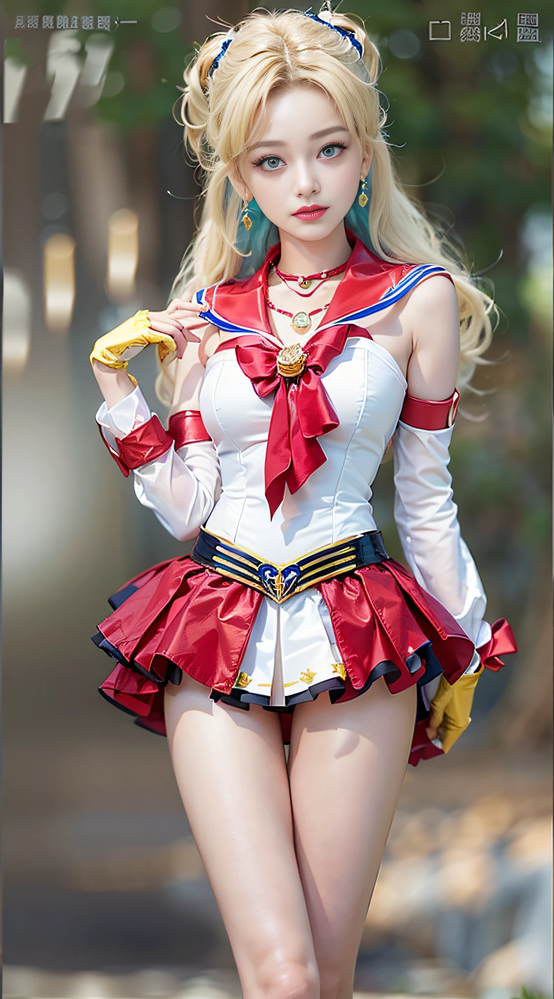 ((masterpiece:1.4)、(top-quality:1.4)、(reallistic:1.7))、masuter piece:1.4、a beauty girl、(sailormoon:1.4)、Sexy female combat suit sticking to body、(latex shiny)、(The jacket is a white sleeveless sailor suit)、(Skirt is blue sexy ultra ultra mini skirt)、The collar of the sailor suit is blue with two thin lines.、Red cloth ornament at chest、(Wearing white gloves)、Kawaii Girl、Super beauty、foco nítido、Portrait photos、((Full body shooting:1.4))、beautiful countenance、beautidful eyes、Narrow waist、(Yellow hair:1.4)、poneyTail、Raw photo、red-lips、(Red high heels:1.4、a choker:1.4、a necklace:1.4、耳Nipple Ring:1.4)、1 screen display、Outdoor landscape