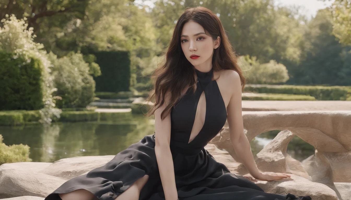 RAW, professional photograph, movie photograph, medium shot, Female, thirty years old, athletic body, soft facial features, long hair, straight hair, black hair, black eyes, red lips, small body, flat chest, salmon pink dress, long dress, sitting in a park, drinking water, Realism, hyperrealism, ray tracing, high details, super detail, UHD, 8k