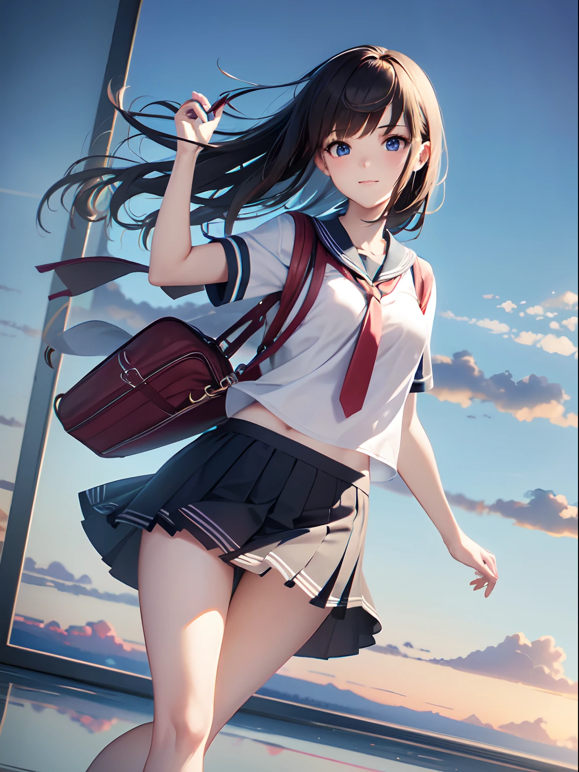 a , female, beautiful and cute, solo character, (single sidelock hair), bright eyes, gradient eyes, school unifrom, breeze blow,(anime style), (cinematic lighting), (ray tracing), ((reflection light)), ((half-body-shot)), atmospheric perspective, masterpiece, accurate, ((best quality)), high quality, super detail, high details, anatomically correct, highRes, 1080p,