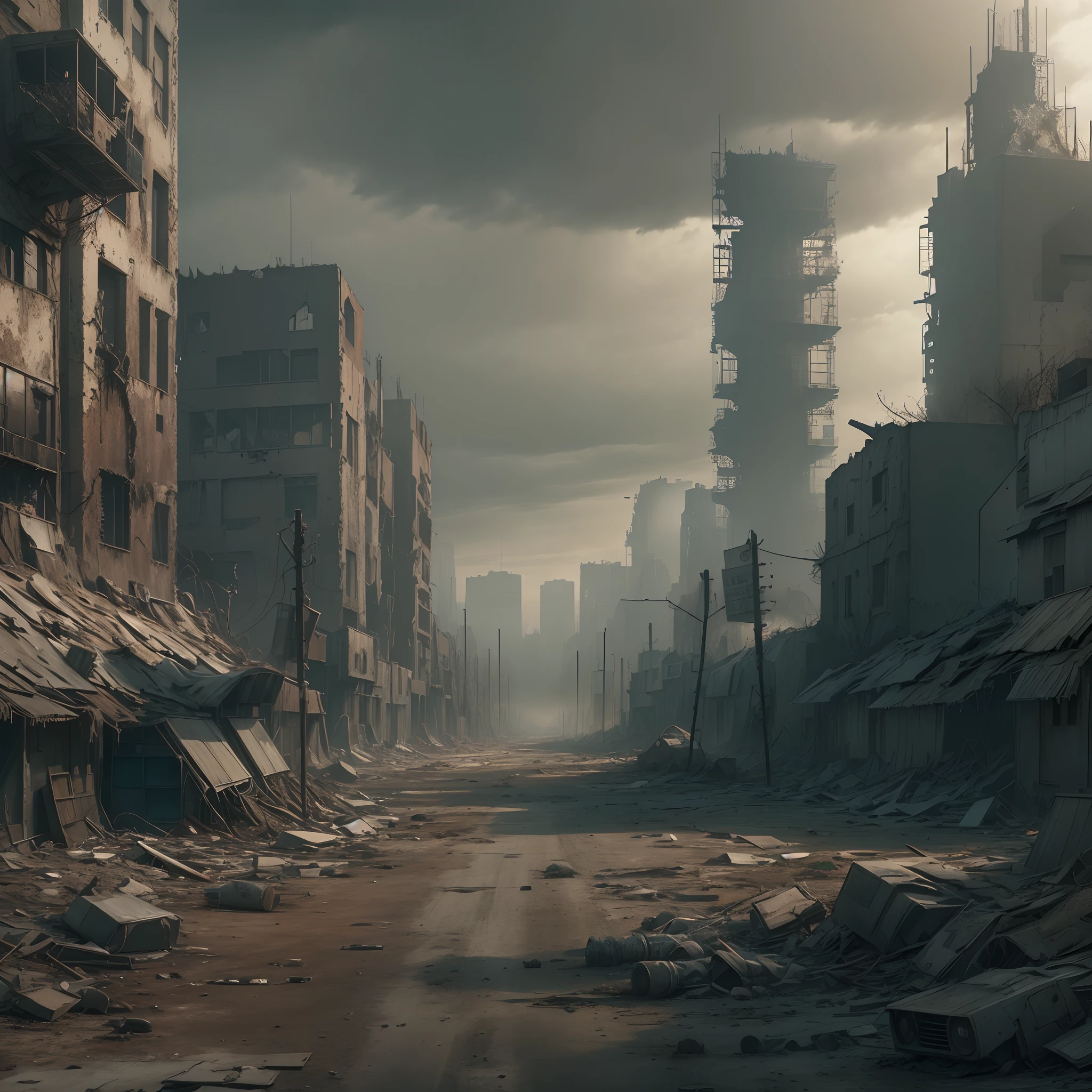 (Best quality,4K,8K,A high resolution,Masterpiece:1.2),Ultra-detailed,(wide wide shot), (((post apocalyptic city, Desolate atmosphere, Dystopian landscape))),