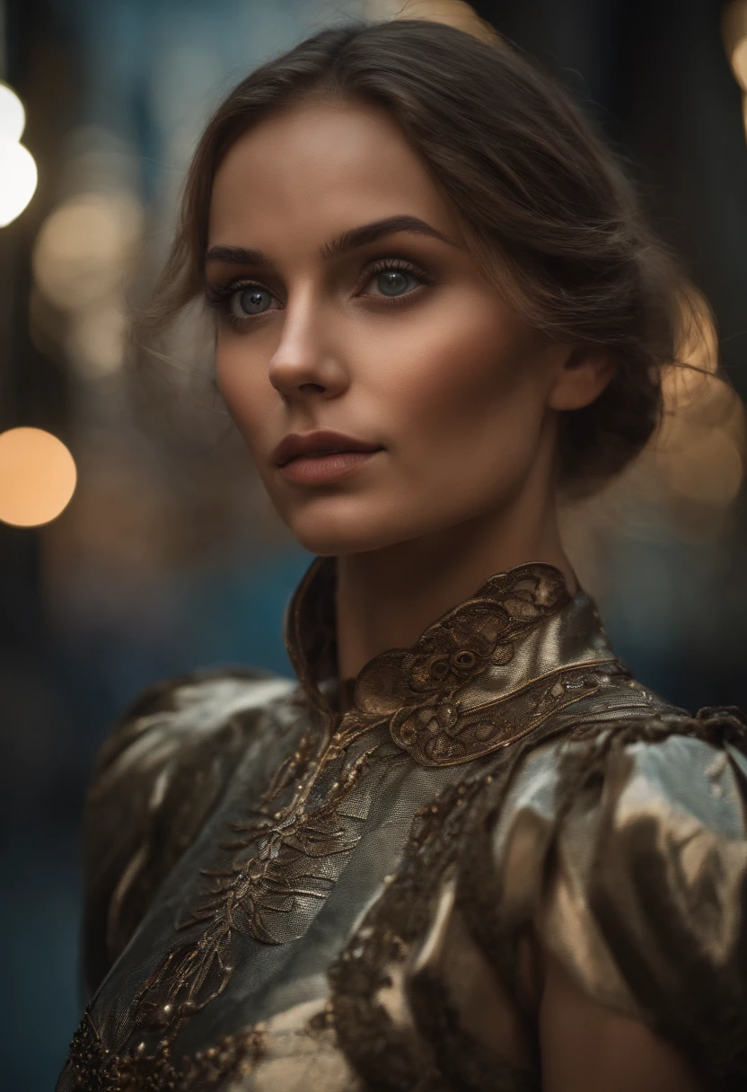 Full face portrait photo of a 25-year-old European girl, .RAW, gorgeous woman, halboffene, volle Erdbeerlippen, dimple, Longing look, green eyes, Large pupils, Big eyelashes, (kurzes, gewelltes braunes Haar), ((Detailliertes Gesicht)), ((detailed facial features)), (feine Haut), blasse Haut, (elegantes Kleid mit Detailliertem, deep décolleté), Cyberpunk-Megacity-Umgebung, (Kalte Farben), nass, feucht, Reflexion, (Meisterwerk) (Perfekte Proportionen) (Realistische Fotos) (highest  quality) (Detail) aufgenommen mit Canon EOS R5, 50-mm-Objektiv, f/2.8, HDR, (Tapete) (Filmbeleuchtung) (Dramatische Beleuchtung) (Scharfer Fokus) (Komplex), (nahaufnahme des gesichts), (Zopf, stilvoll sexy)