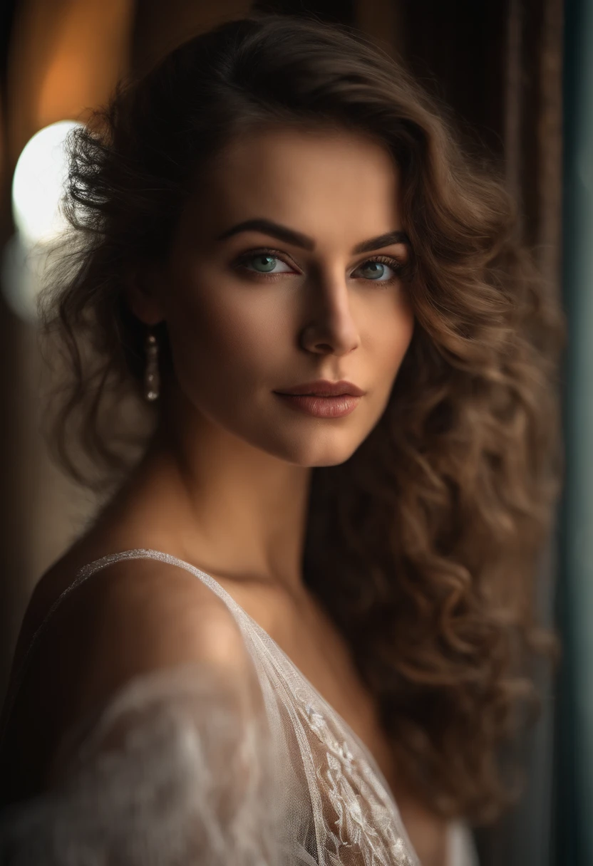 Full face portrait photo of a 25-year-old European girl, .RAW, gorgeous woman, halboffene, volle Erdbeerlippen, dimple, Longing look, green eyes, Large pupils, Big eyelashes, (kurzes, gewelltes braunes Haar), ((Detailliertes Gesicht)), ((detailed facial features)), (feine Haut), blasse Haut, (elegantes Kleid mit Detailliertem, deep décolleté), Cyberpunk-Megacity-Umgebung, (Kalte Farben), nass, feucht, Reflexion, (Meisterwerk) (Perfekte Proportionen) (Realistische Fotos) (highest quality) (Detail) aufgenommen mit Canon EOS R5, 50-mm-Objektiv, f/2.8, HDR, (Tapete) (Filmbeleuchtung) (Dramatische Beleuchtung) (Scharfer Fokus) (Komplex), (nahaufnahme des gesichts), (Zopf, stilvoll sexy)