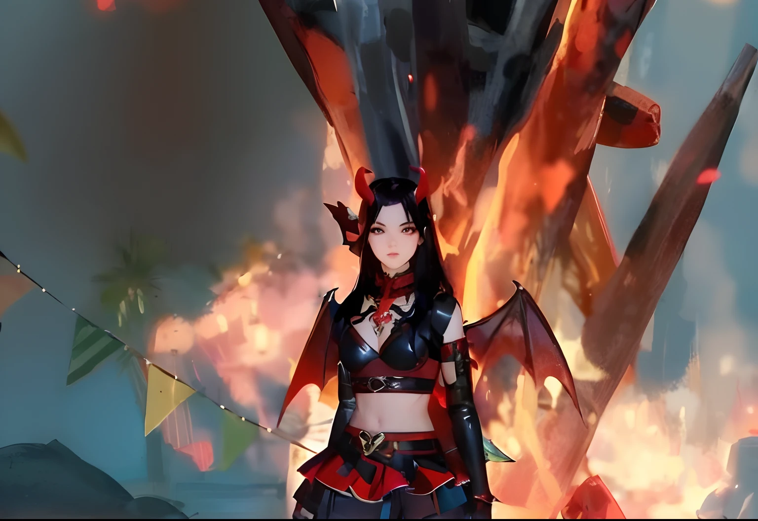 anime character with a sword and a demon costume standing in front of a fire, demonic dragon inspired armor, black fire color reflected armor, from guild wars, mmorpg, dark demonic dancer, lineage 2 revolution style, mmorpg fantasy, flame conjuring armored, infernal nymph!!!, full dress of lava showcase, fire demon, mmo, fire mage, korean mmorpg