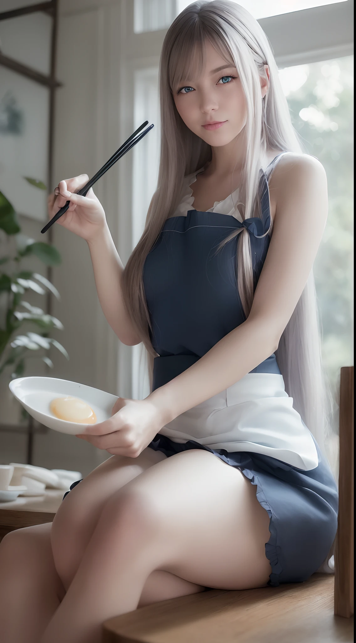 (Best quality, Ultra-detailed, photo-realistic:1.37), sliver long hair, Fantastic blue eyes, Happy woman beating eggs with chopsticks, Soft lighting, pink apron, illustration, bangs, Flowing hair, Gentle breeze, Shiny hair, Thick egg whites, Close-up of black stockings.