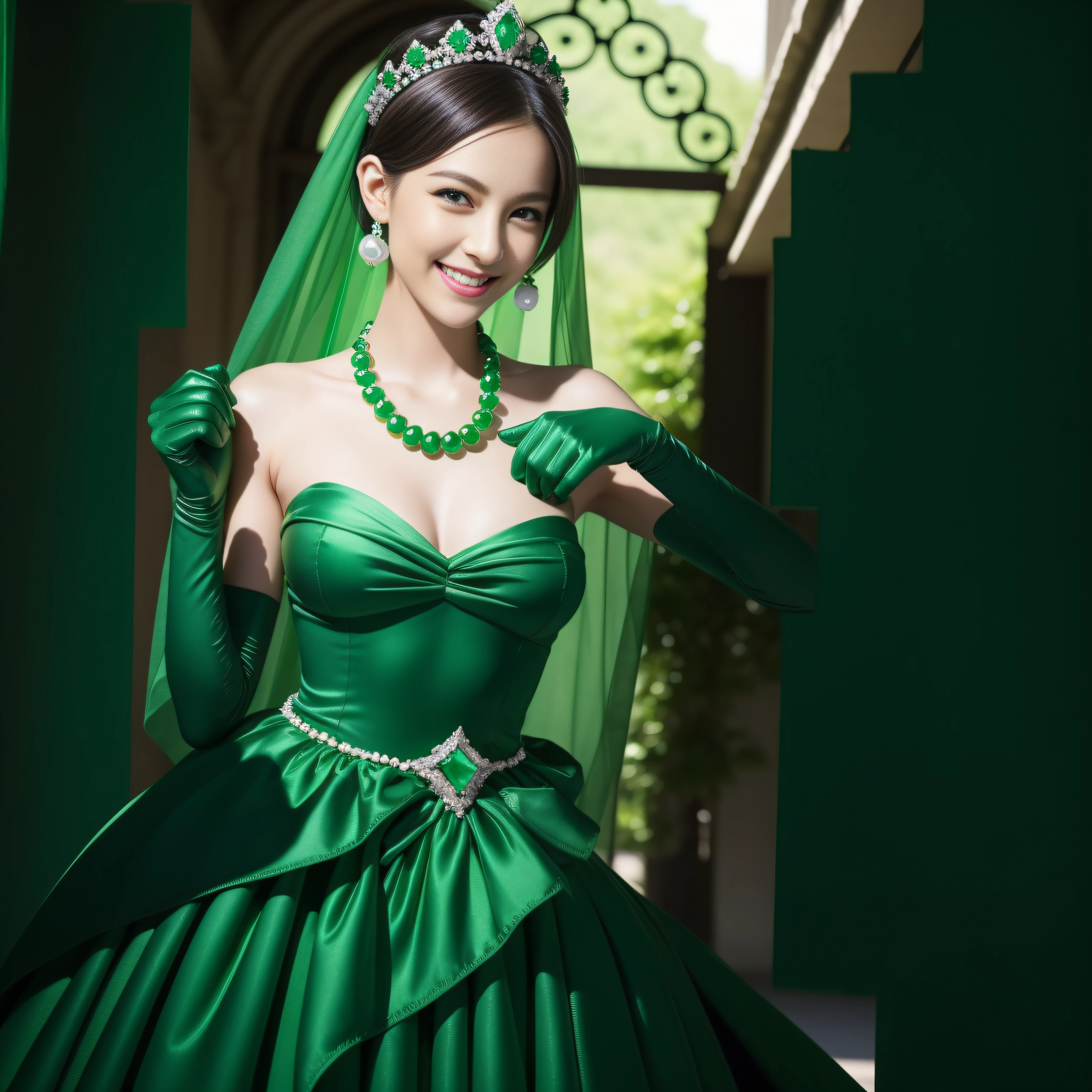 emerald tiara, Green Pearl Necklace, Boyish very short green hair, lipsticks, Japan woman smiling, very short short hair, big breasts beautiful, Green eyes, Long green gloves made of satin material, Green eyes, Emerald Earrings, Green dress