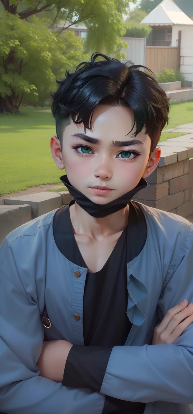 chibi, 1 Boy, short hair, Cute、bright expression、Very handsome face, Beautiful green eyes, dazzling green hair、Eyebrows behind bangs, Bright pupils, nffsw, nffsw, textured white skin, high detail, Best Quality, 4K , high resolution、full body in tomato costume
