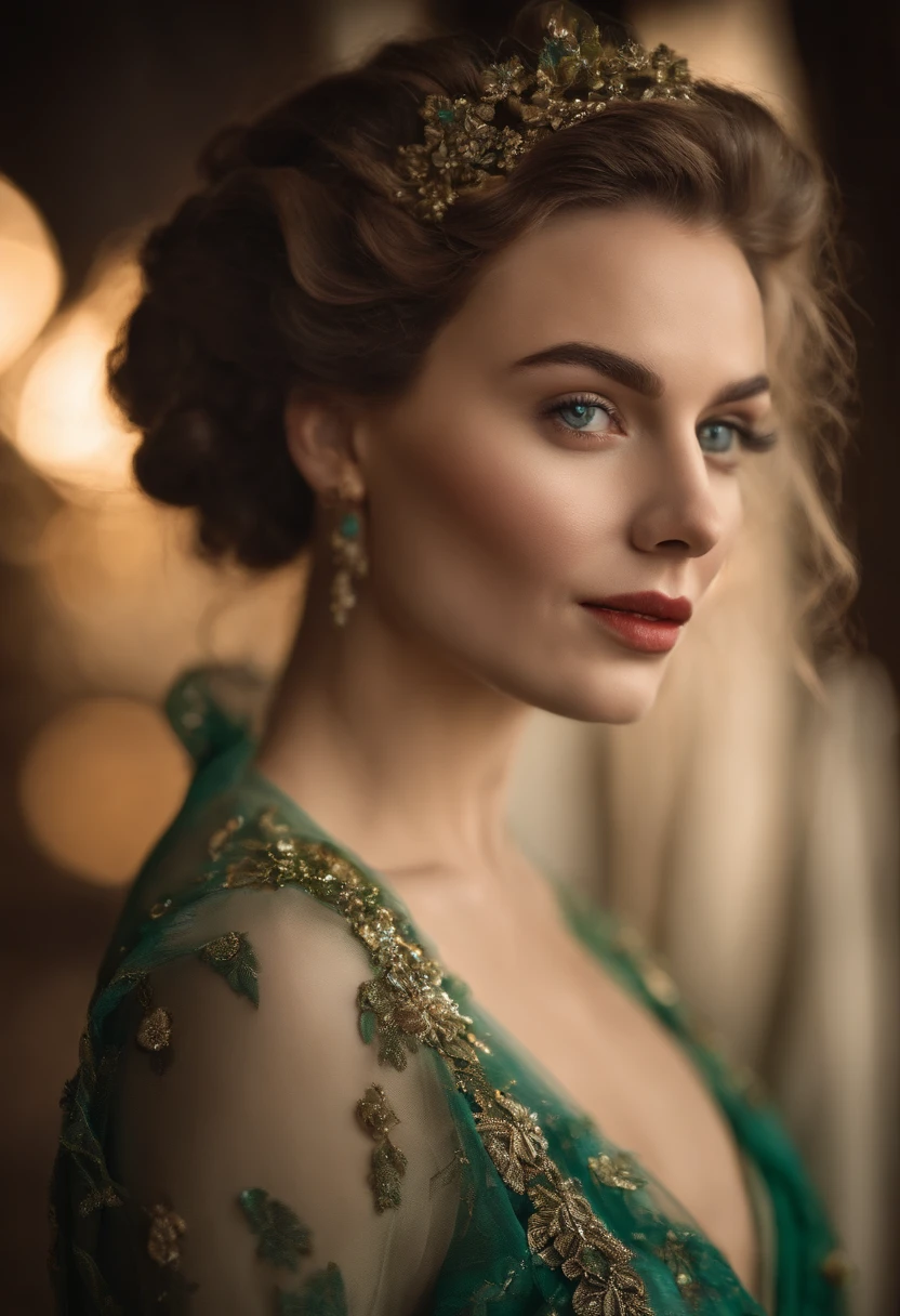 Full face portrait photo of a 25-year-old European girl, .RAW, gorgeous woman, halboffene, volle Erdbeerlippen, dimple, Longing look, Childish traits, green eyes, Large pupils, Big eyelashes, (kurzes, braunes Haar), ((Detailliertes Gesicht)), ((detailed facial features)), (feine Haut), blasse Haut, (elegantes Kleid mit Detailliertem, deep décolleté), Cyberpunk-Megacity-Umgebung, (Kalte Farben), nass, feucht, Reflexion, (Meisterwerk) (Perfekte Proportionen) (Realistische Fotos) (highest quality) (Detail) aufgenommen mit Canon EOS R5, 50-mm-Objektiv, f/2.8, HDR, (Tapete) (Filmbeleuchtung) (Dramatische Beleuchtung) (Scharfer Fokus) (Komplex), (nahaufnahme des gesichts), (Zopf, stilvoll sexy)