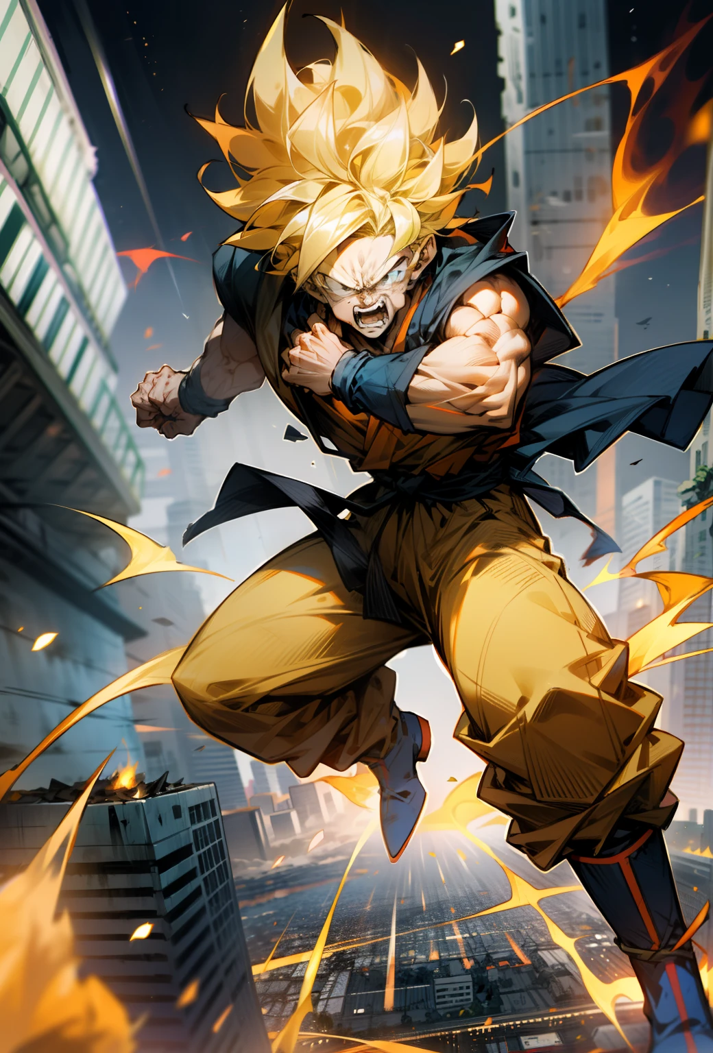 masterpiece, best quality, 1boy, (goku), short hair, yellow hair, black eyes, blue boots, orange clothes, training, standing, angry face, aura power, night, natural light, flying, angry eyes, smiling, yellow hair, male focus, strong muscles, movie composition, standing, bokeh, (futuristic), (full body), city view, flying above the city, scary look, godly strenght, he goes super saiyan, yellow emergy around him, screaming, super angry, a lot of energy around him, his eyes are lightened. The city is destroyed, fire, close up to his face, he looks really scary because how strong he is