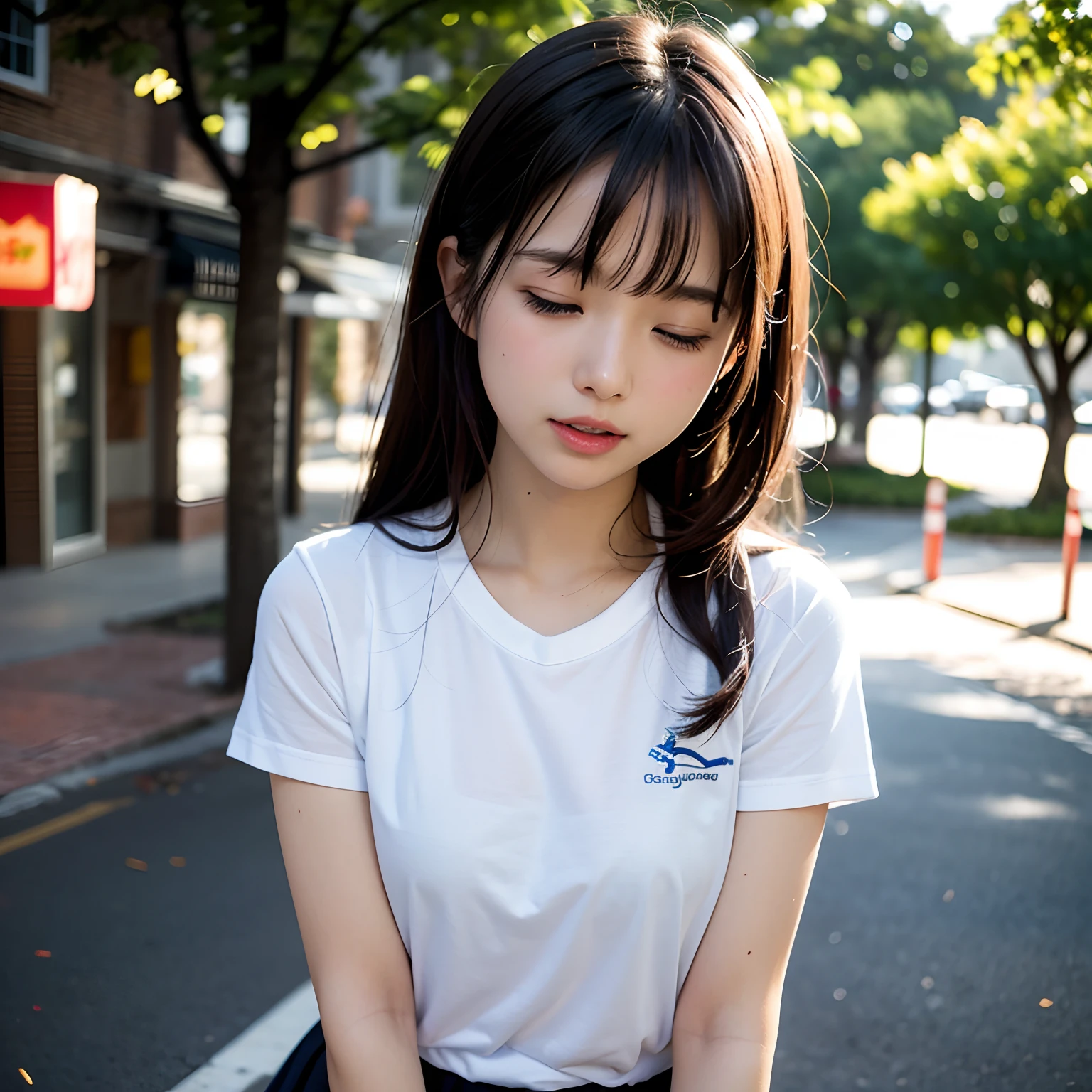 (masutepiece, Best Quality:1.2), 8K, Official art, Raw photo, full bodyesbian、Eyes closed、Facing up、Mouth open、Pleasant look、cum on、Facing up、skinny、14years、small tits、Eyes closed、Deep sadness、Sorrow、look up sky、Open mouth、screeming、 unbelievable Ridiculous, (Upper body, Underwear on top、Short skirt below), Beautiful Girl, Pretty Face, arching back down、Gold hair ornament on hair、close up, School uniform, Short sleeve, gardenia, violaceaess, Teen, Street, Looking at Viewer, Film grain, chromatic abberation, Sharp Focus, face lights, Dynamic lighting, Cinematic lighting, Eyes and faces with detailed, Bokeh background,
