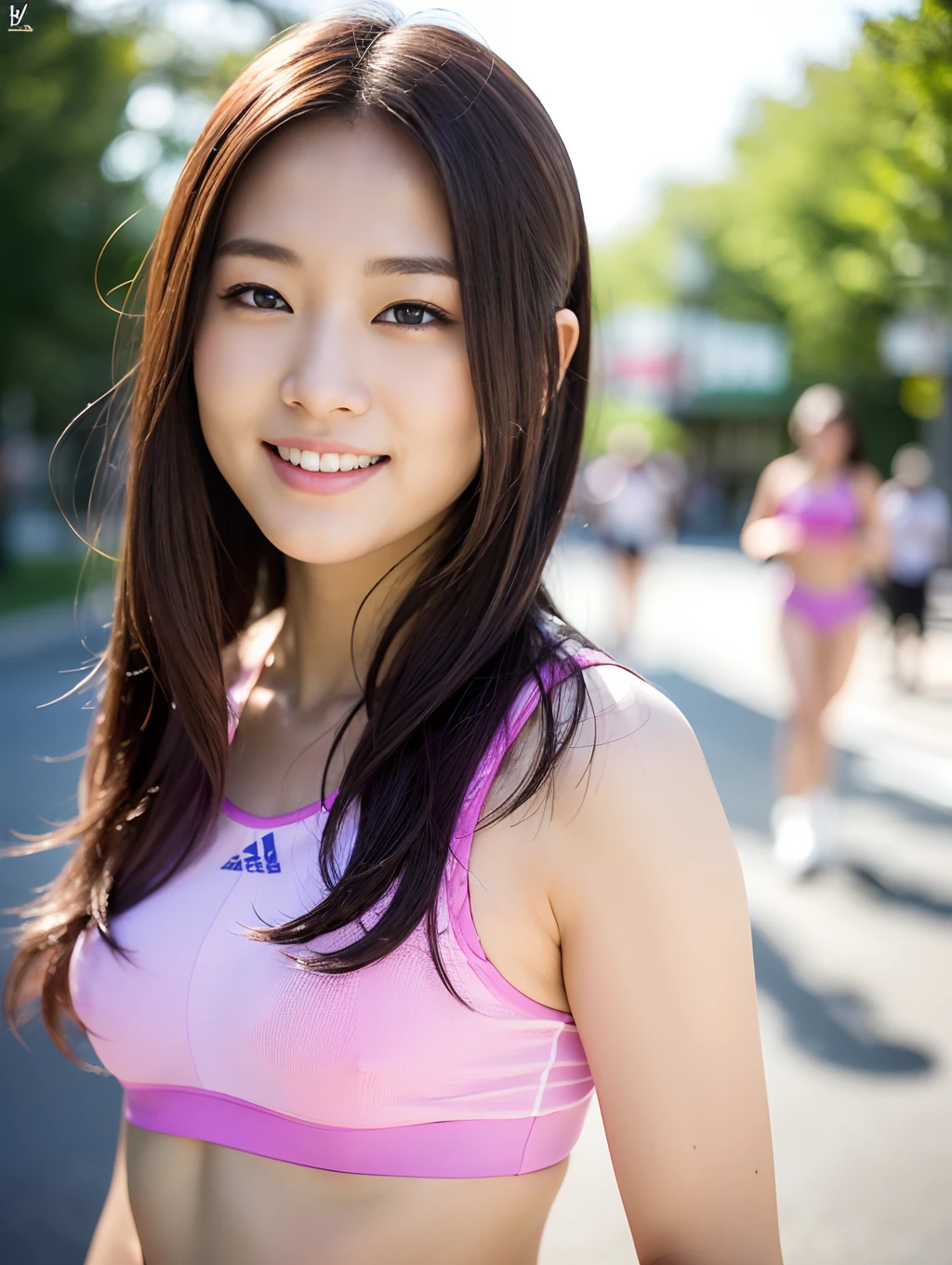 (Photorealsitic)Beautuful Women, attractive beautiful face, 二重まぶた, Beautiful detailed eyes, long eyeslashes, (Smile: 1.15), 8K Beauty Full Body Portrait, TOKYOcty, ,1 female, Sportswear