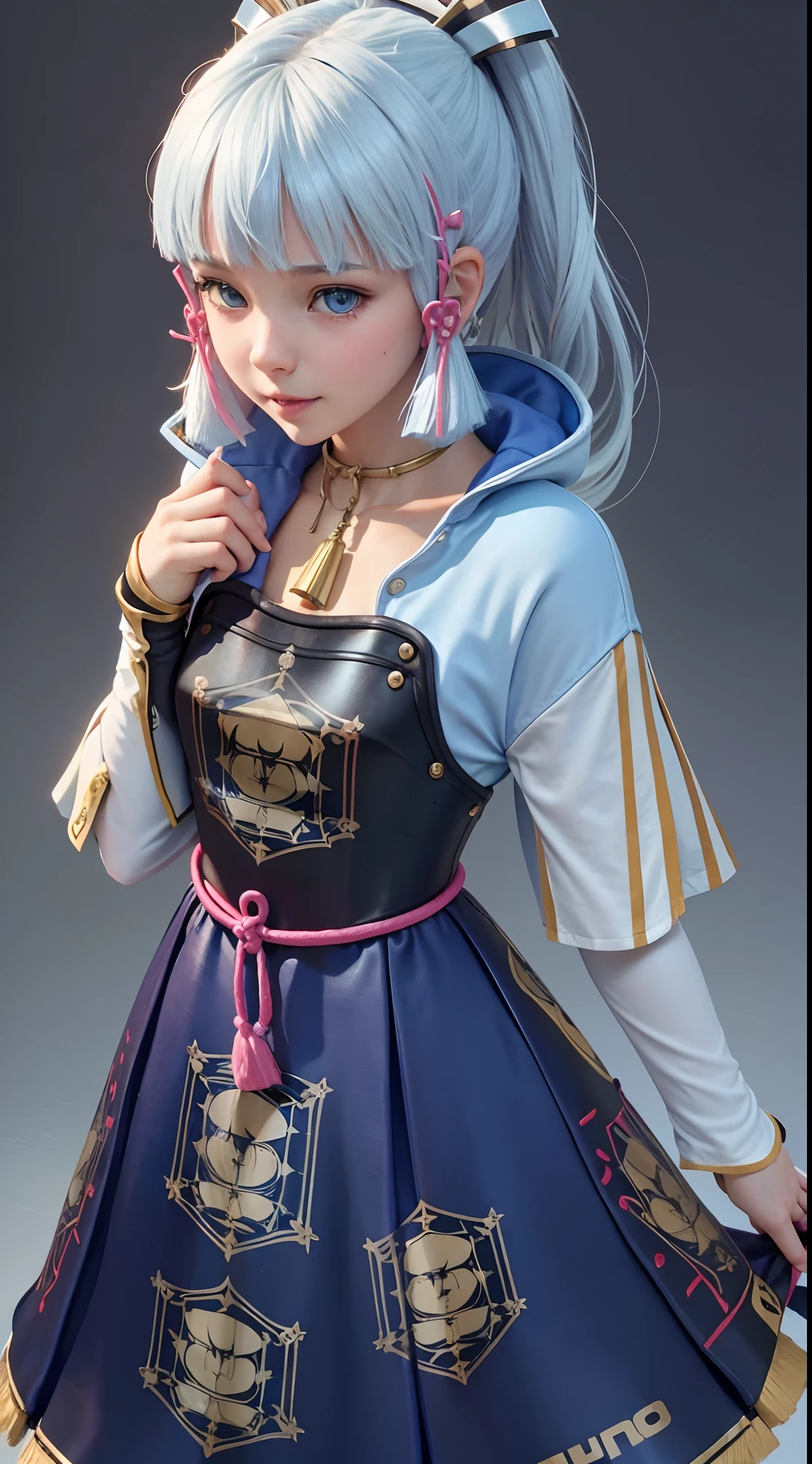 {best quality}, {{masterpiece}}, {highres}, extremely detailed CG, extremely detailed 8K wallpaper, extremely detailed character,{an extremely delicate and beautiful portrait}, (((portrait))), solo, sharp focus, dramatic angle, {{cinematiclighting}}, (photorealistic:2),{{{character({{{a girl}}}, {{{{{{li}}}}}}, smile, opened mouth, beautiful detailed eyes, light blue eyes)}}}, ((18 years old)),highly detailed eyes, highly detailed face,small areola, (cowboy shot), 1 girl, solo, standing, studio background, (black background), gawr gura, gura, shark girl, tail, shark tail, sharp teeth, white hair, multicolored hair, petite, blue hoodie, hair ornament,
