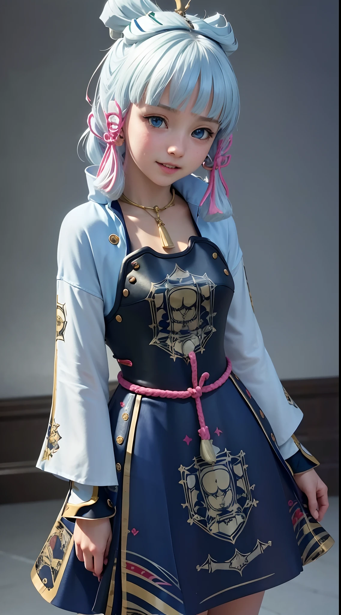 {best quality}, {{masterpiece}}, {highres}, extremely detailed CG, extremely detailed 8K wallpaper, extremely detailed character,{an extremely delicate and beautiful portrait}, (((portrait))), solo, sharp focus, dramatic angle, {{cinematiclighting}}, (photorealistic:2),{{{character({{{a girl}}}, {{{{{{li}}}}}}, smile, opened mouth, beautiful detailed eyes, light blue eyes)}}},  ((18 years old)),highly detailed eyes, highly detailed face,small areola, (cowboy shot), 1 girl, solo, standing, studio background, (black background), gawr gura, gura, shark girl, tail, shark tail, sharp teeth, white hair, multicolored hair, petite, blue hoodie, hair ornament,