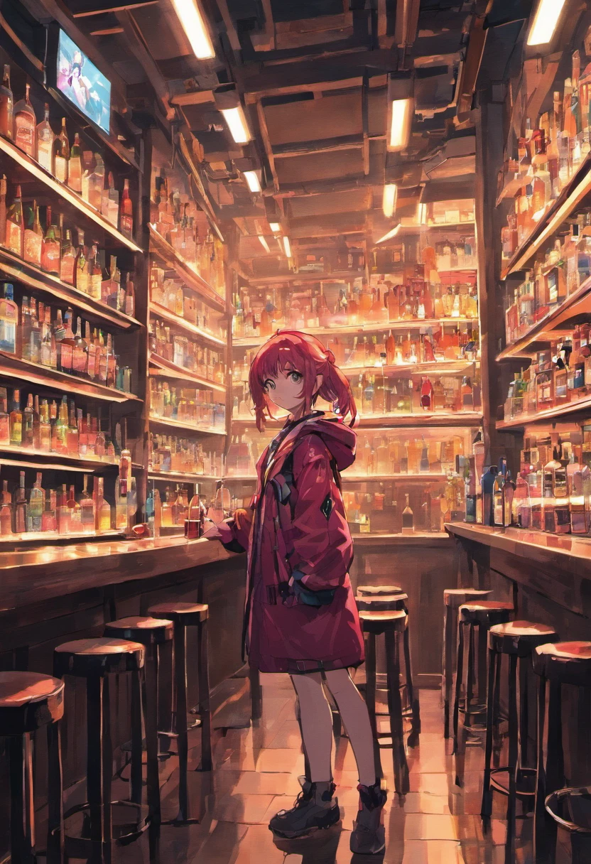 create bar (cyberpunk style, front shot camera, shelves with bottles.