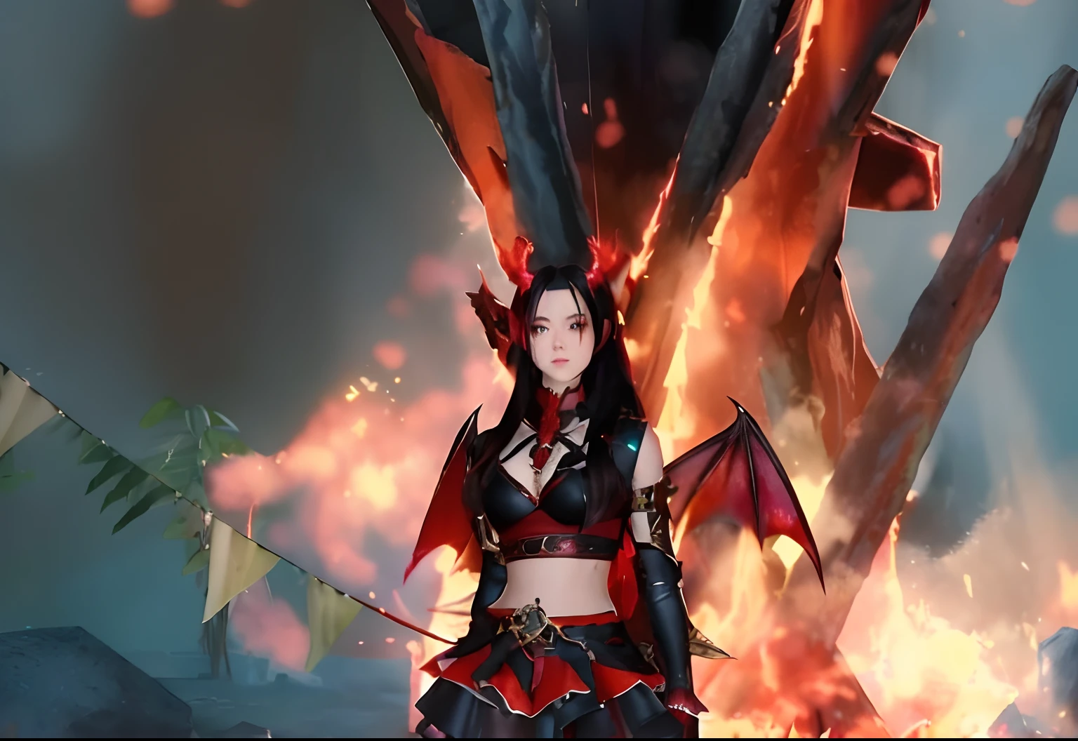 anime character with a sword and a demon costume standing in front of a fire, demonic dragon inspired armor, black fire color reflected armor, from guild wars, mmorpg, dark demonic dancer, lineage 2 revolution style, mmorpg fantasy, flame conjuring armored, infernal nymph!!!, full dress of lava showcase, fire demon, mmo, fire mage, korean mmorpg