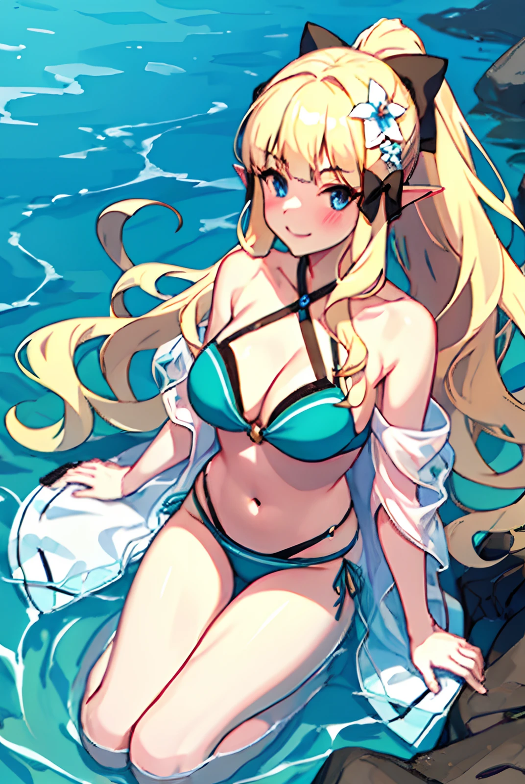 ((masterpiece, best quality)),very detailed, simple eyes,(sitting),(medium breasts),1girl, aqua_bikini, saren \(summer\) \(princess connect!\), bangs, bare_shoulders, bent_over, bikini, black_bow, blonde_hair, blue_eyes, blush, bow, breasts, cleavage, closed_mouth, elf, eyebrows_visible_through_hair, flower, hair_bow, hair_flower, hair_ornament, hair_up, large_breasts, leaning_forward, long_hair, looking_at_viewer, navel, pointy_ears, ponytail, sandals, see-through, smile, swimsuit, thighs