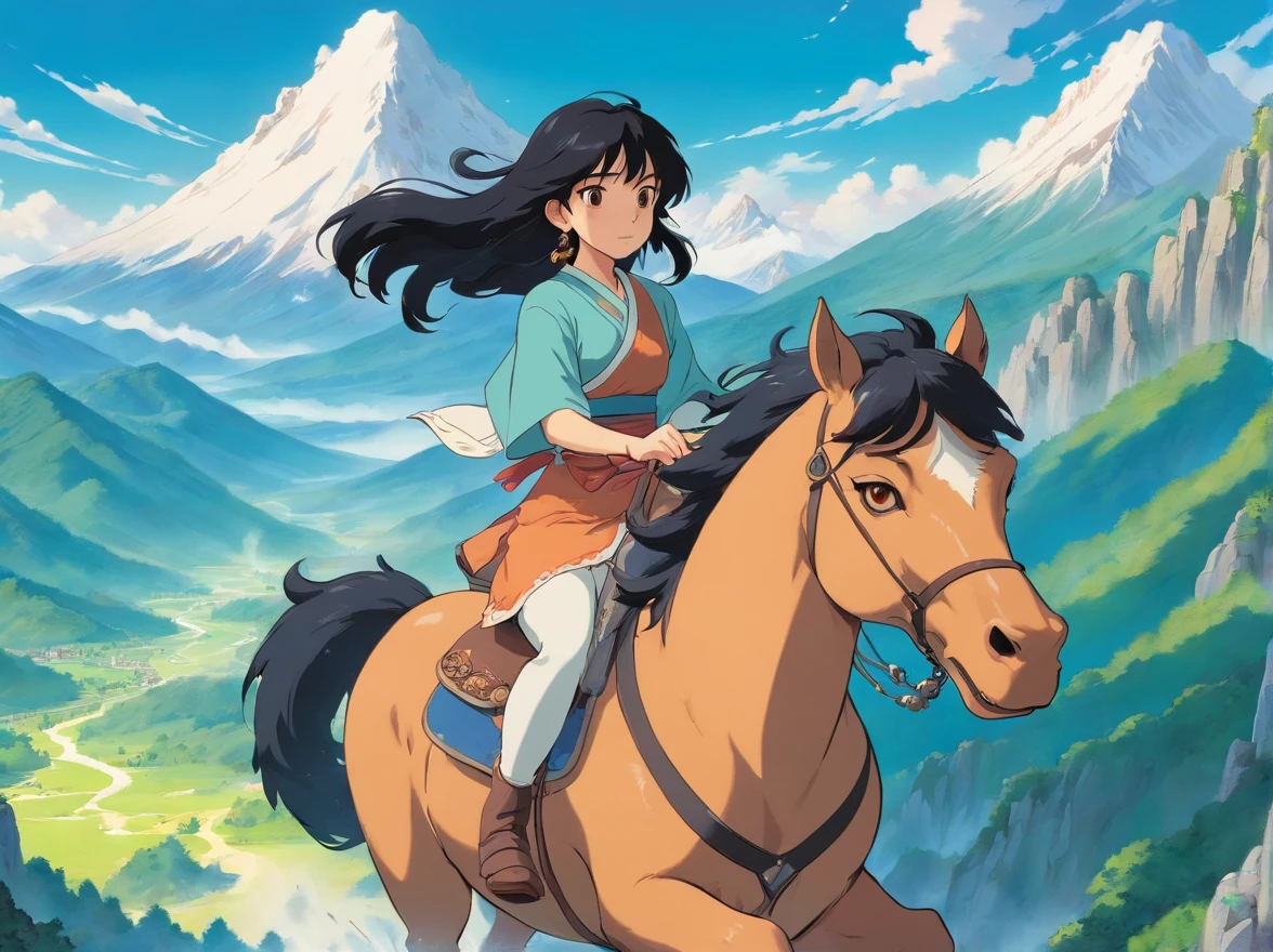 a girl riding a magic beast, long black hair, brown eyes, a long necklace and earrings, in the style of tranquil mountainscapes, colorful animation stills, masami teraoka, adventure, sunshine