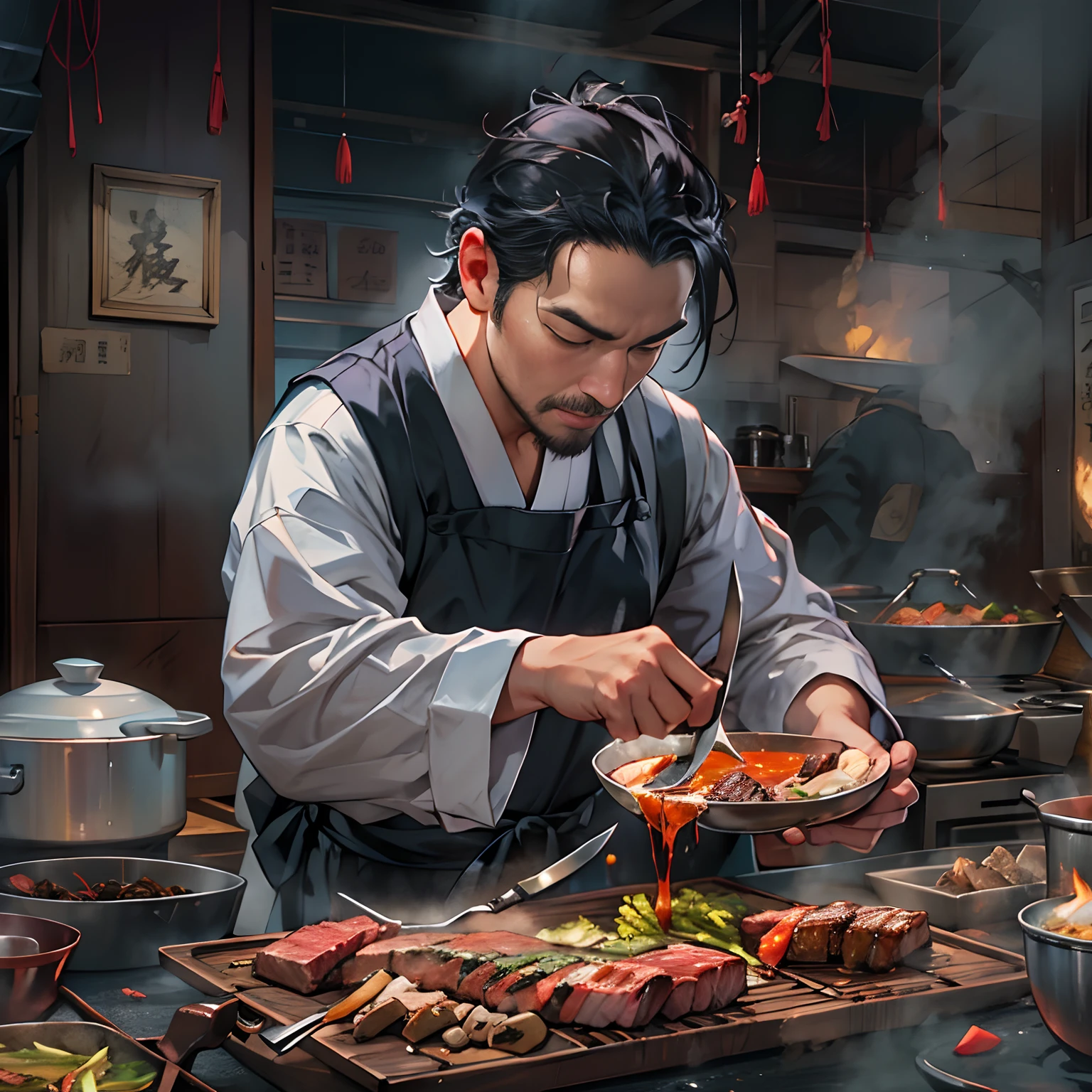 A man holding a sharp knife, cutting the beef into thin slices as thin as one millimeter, and neatly laying them on the bottom of the pot, with a tempting aroma in the air, like the scent of Japanese charcoal-grilled Wagyu beef, but with a twist. ,in the style of the stars art group xing xing, 32k, best quality, masterpiece, super detail, high details