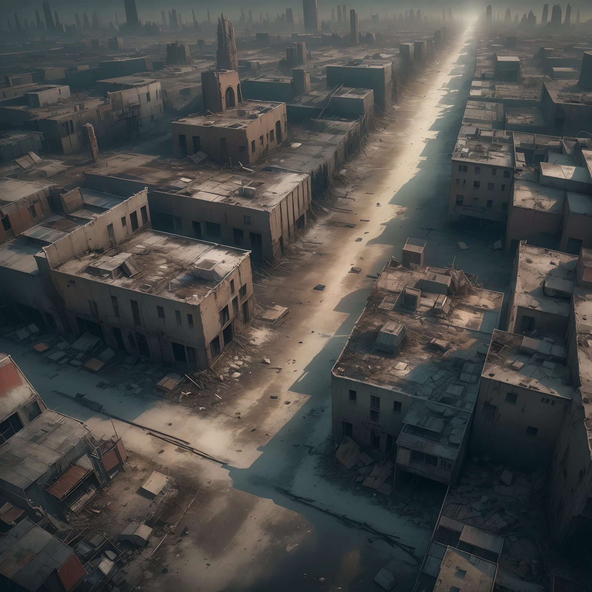 (Best quality,4K,8K,A high resolution,Masterpiece:1.2),Ultra-detailed,(Bird's eye view), (((post apocalyptic city, Desolate atmosphere, Dystopian landscape)))
