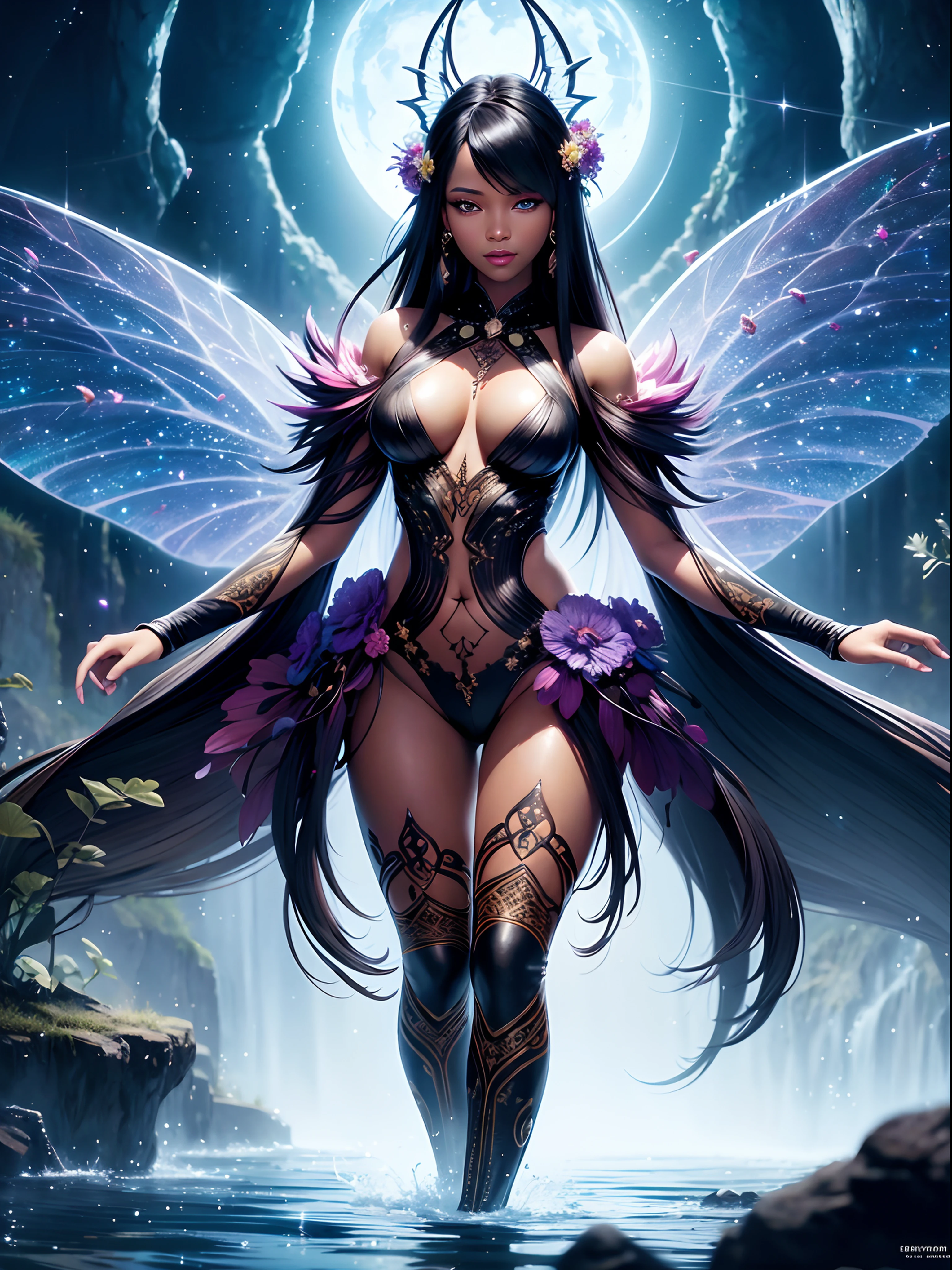 "1 beautiful black fairy woman with African ethnicity. A stunning, ethereal depiction of a mesmerizing Flower Fairy in a fantasy realm. The fairy has delicate wings and is adorned in vibrant floral attire, radiating an unearthly glow. pup, Surreal, Tense, Warm, Highly detailed, sharp, Professional, 8K UHD, Twilight, movie, Dark, Violent, plein air, River, buttle, chase, Dramatic, Vivid, Tense atmosphere, rendered, epicd, Twilight, nffsw, album covers, blizzard, Lightning, disaster