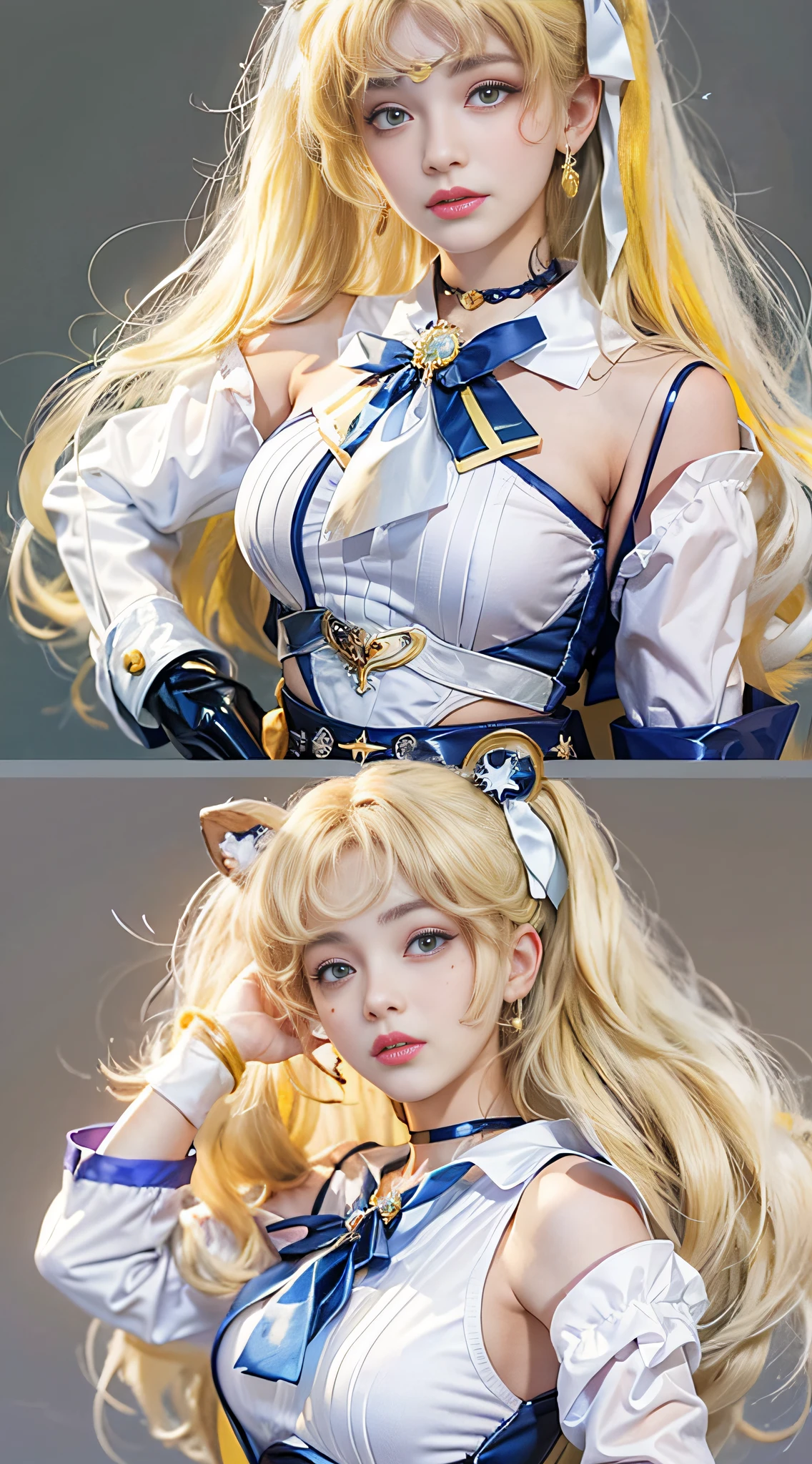 ((masterpiece:1.4)、(top-quality:1.4)、(reallistic:1.7))、masuter piece:1.4、a beauty girl、(sailormoon:1.4)、Sexy women combat uniform、(latex shiny)、(The jacket is a white sleeveless sailor suit)、(Skirt is blue sexy ultra ultra mini skirt)、The collar of the sailor suit is blue with two thin lines.、Red cloth ornament on chest、(Wearing white gloves)、Kawaii Girl、Super beauty、foco nítido、Portrait photos、(Full body shooting:1.4)、beautiful countenance、beautidful eyes、Narrow waist、(Yellow hair:1.4)、poneyTail、Raw photo、red-lips、Red high heels:1.4、a choker:1.4、a necklace:1.4、耳Nipple Ring:1.4、1 screen display、Outdoor landscape