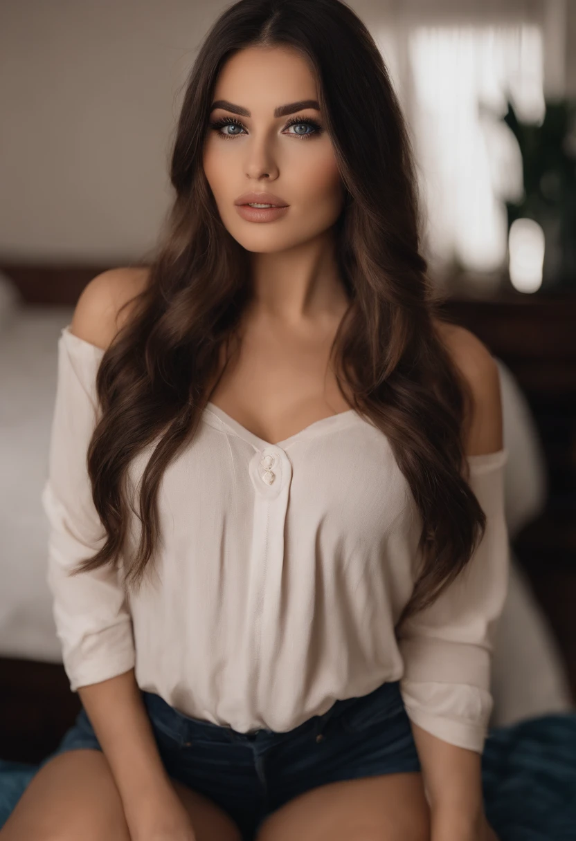 a chubby woman with green eyes wearing red lipstick and long straight brown hair with a white blouse with a sweetheart neckline and belt and wearing jewelry