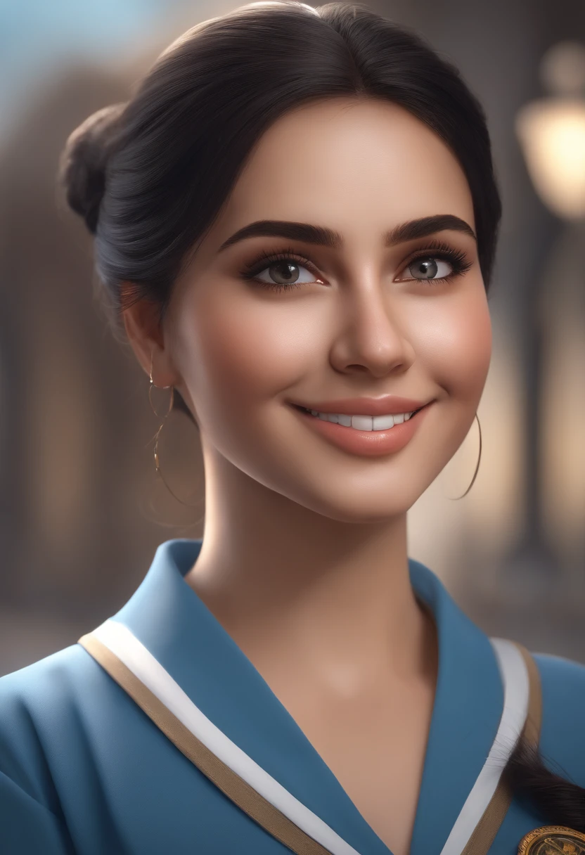 1girl, peruvian, Black hair in bun, squinty eyes, pretty smile, short, chubby, voluptuous, curvy, , wearing uniform, light blue blouse, grey skirt, absurdres, high res, ultrasharp, 8K, masterpiece,