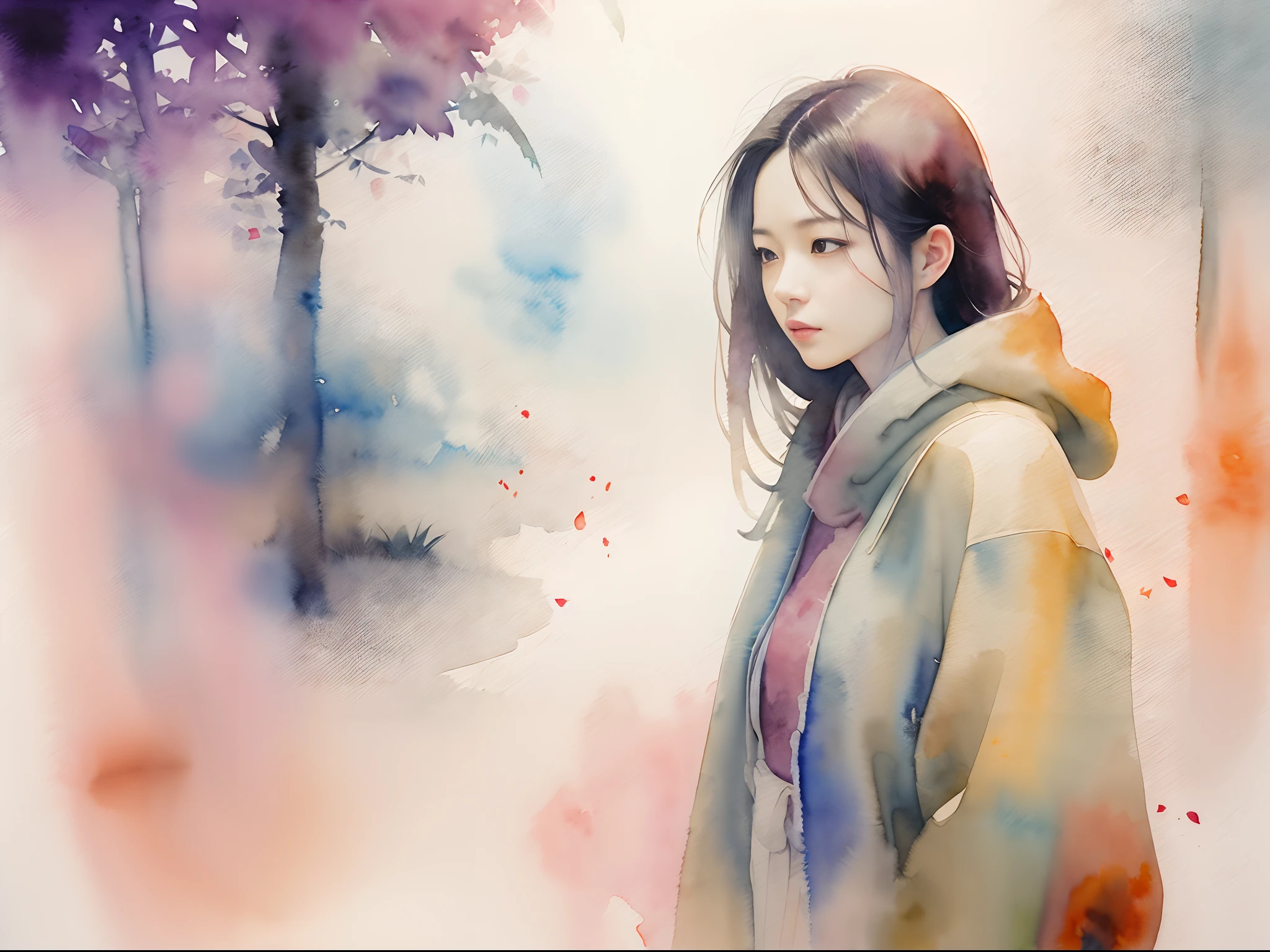 dreamy watercolor, Interact with the past、 ((Beautiful woman in her 30s Japan with cold eyes : 1.7))、((Staring into the distance)), Nobility、Rin with high pride々Shishi, dynamic compositions、solitude、Simple clothes、Backgrounds with depth are abstract、A space of light and shadow, Bokeh, Foggy, Dutch Angle, afterimage, negative space, minimalism,(Anatomically correct number and shape of fingers), Cinematic scene、 Beautiful watercolor painting, watercolor paiting、solitude、Krenz Kchart Style,