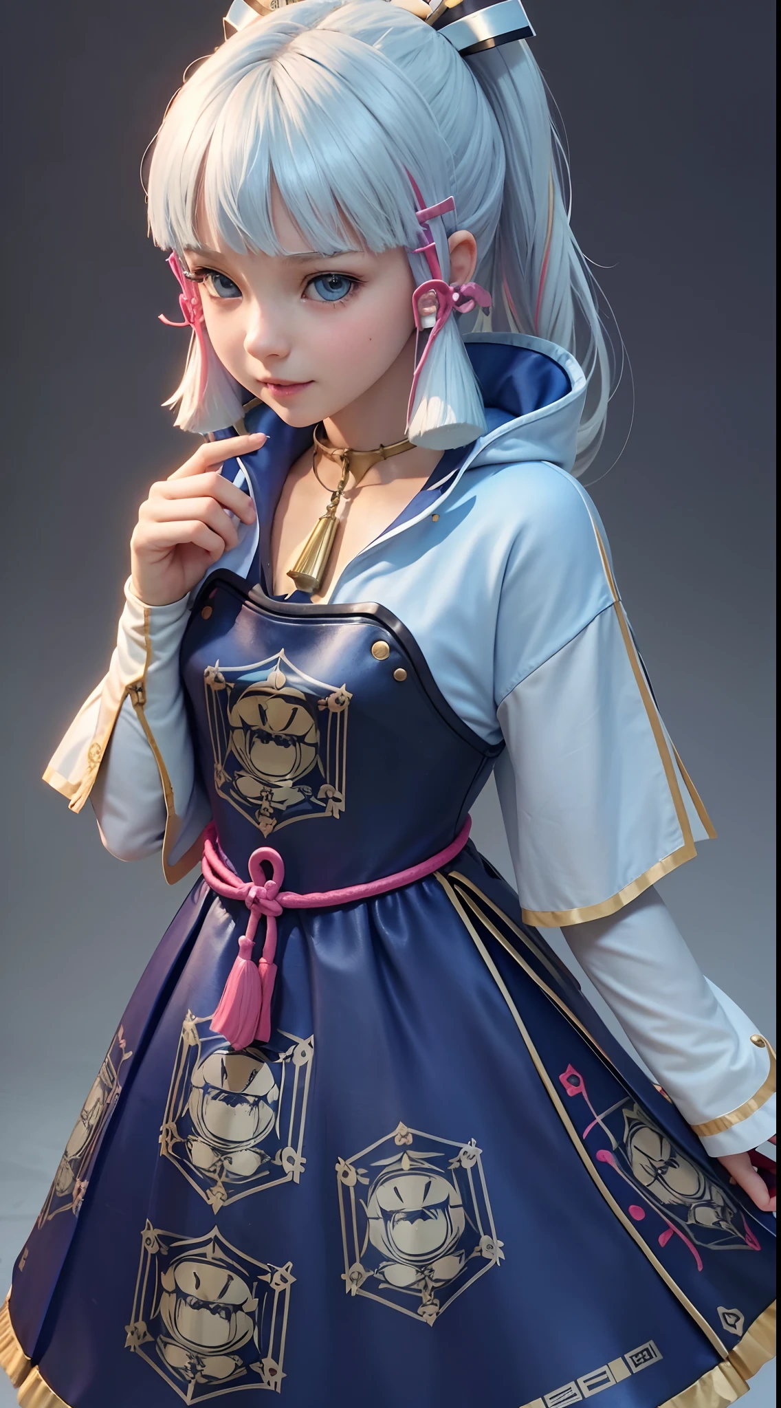 {best quality}, {{masterpiece}}, {highres}, extremely detailed CG, extremely detailed 8K wallpaper, extremely detailed character,{an extremely delicate and beautiful portrait}, (((portrait))), solo, sharp focus, dramatic angle, {{cinematiclighting}}, (photorealistic:2),{{{character({{{a girl}}}, {{{{{{li}}}}}}, smile, opened mouth, beautiful detailed eyes, light blue eyes)}}},  ((12,highly detailed eyes, highly detailed face,small areola, (cowboy shot), 1 girl, solo, standing, studio background, (black background), gawr gura, gura, shark girl, tail, shark tail, sharp teeth, white hair, multicolored hair, petite, blue hoodie, hair ornament,