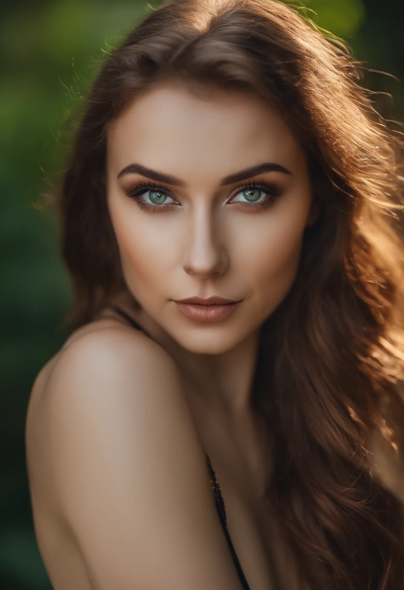 Highest picture quality, Herausragende Details, ultra-high resolution, (Realismus: 1.4) Woman with white tank top and necklace, Sexy girl with green eyes, portrait sophie mudd, brown hair and big eyes, Selfie einer jungen Frau, Augen im Schlafzimmer, Violet Myers, ohne Make-up, Natural makeup, Blick direkt in die Kamera, Gesicht mit Artgram, dezentes Make-up, Stunning full body shot, piercing green eyes