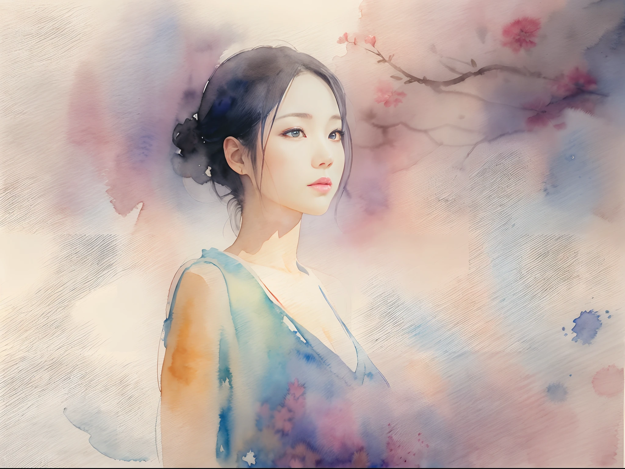 dreamy watercolor,　Interact with the past、 ((Beautiful woman in her 30s Japan with cold eyes : 1.7))、((Staring into the distance)), Nobility、Rin with high pride々Shishi, dynamic compositions、solitude、Simple clothes、Backgrounds with depth are abstract、A space of light and shadow, Bokeh, Foggy, Dutch Angle, afterimage, negative space, minimalism,(Anatomically correct number and shape of fingers), Cinematic scene、 Beautiful watercolor painting, watercolor paiting、solitude、Krenz Kchart Style,