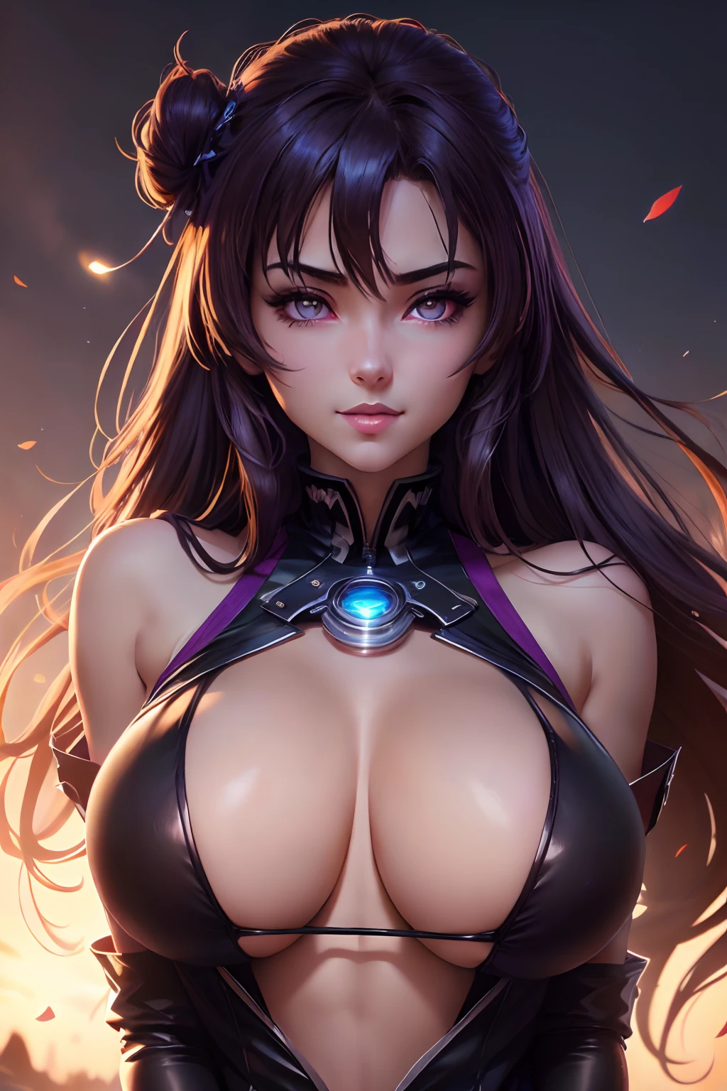 Anime, Akeno Himejima, HH-size boobs, big ass, Still Cine Portrait movie scene, she is looking with smokey purple eyes and a wide lustful smile, insanely detailed face and eyes, digital illustration, High School DxD, naughty school uniform, masterpiece, a front view of a cute woman, beautiful eyes, atmospheric lighting, centered, perfect anatomy, glowing eyes, glamour portrait, clear, very detailed, concept art, smooth, sharp focus, dynamic front view pose, art by Redjuice