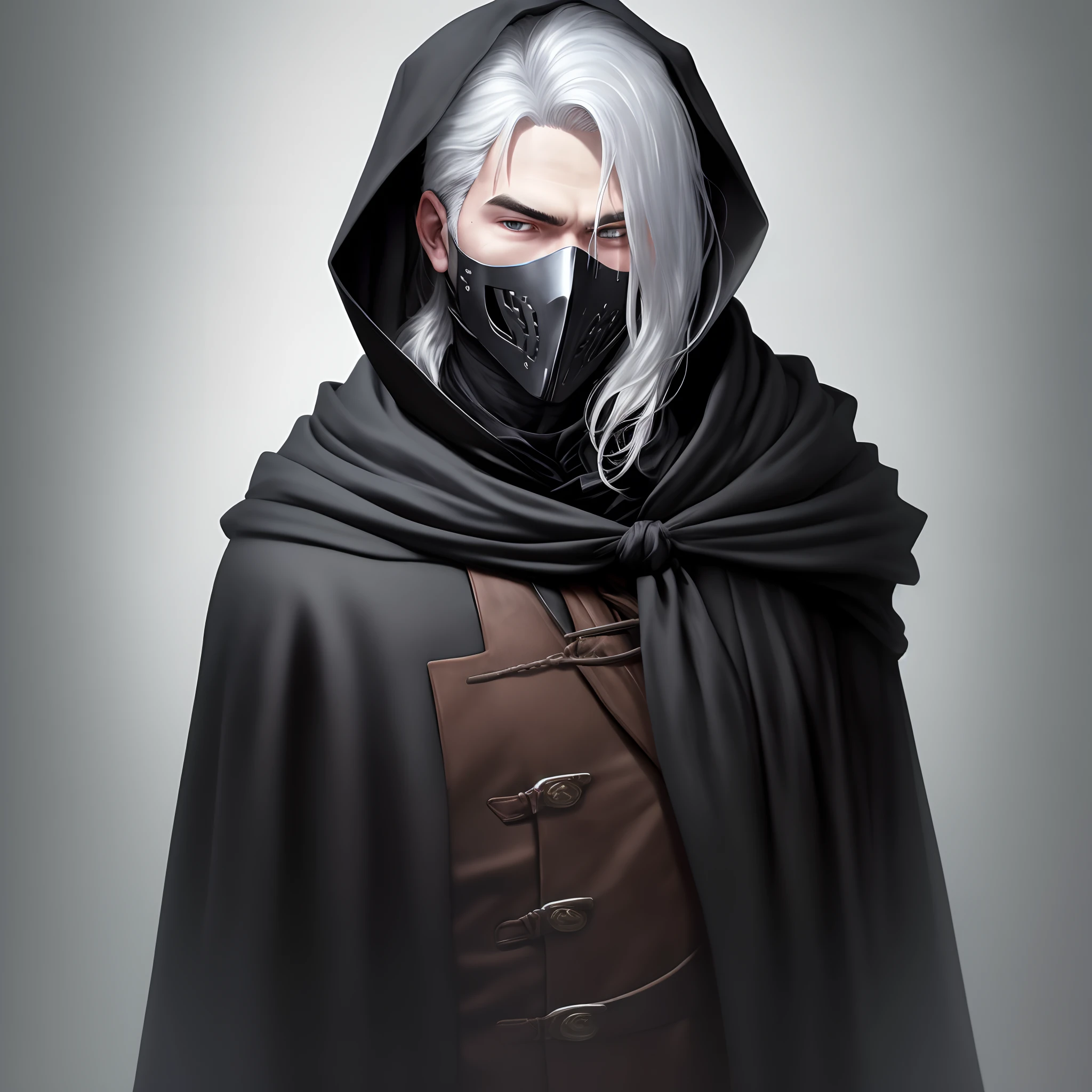 a young man with silver hair, he wore a round and white mask, the mask covered his whole face, only revealing his black eyes. He wore a black cloak with a hood that leaned back, his demeanor was cold and scary.