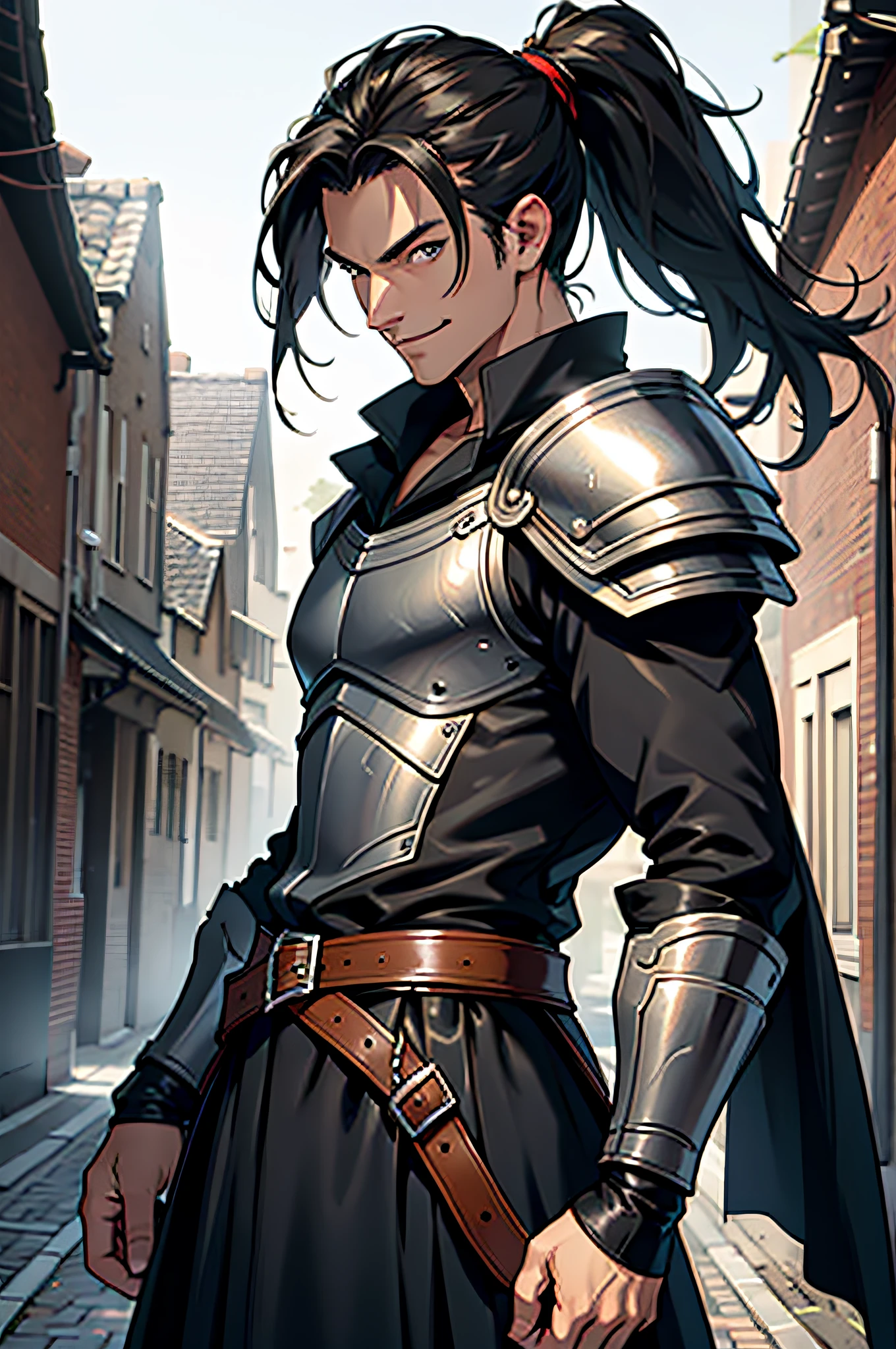 (masterpiece), best quality, ultra-high resolution, one man, elegant, expressive eyes, perfect face, half body, looking at viewer, dutch angle, cowboy shot, long black hair with long pony tail, leather armor, middle age clothing, assasin, dagger, light smile, detailed background, mittelalterliche Gasse, extreme Detailgenauigkeit, 4K
