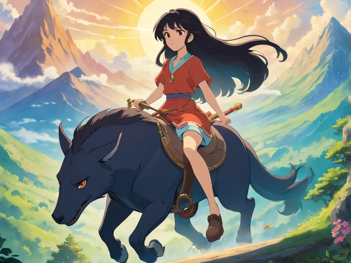 a girl riding a magic magestic beast, long black hair, brown eyes, a long beautiful necklace and earrings, in the style of tranquil mountainscapes, colorful animation stills, adventure, sunshine