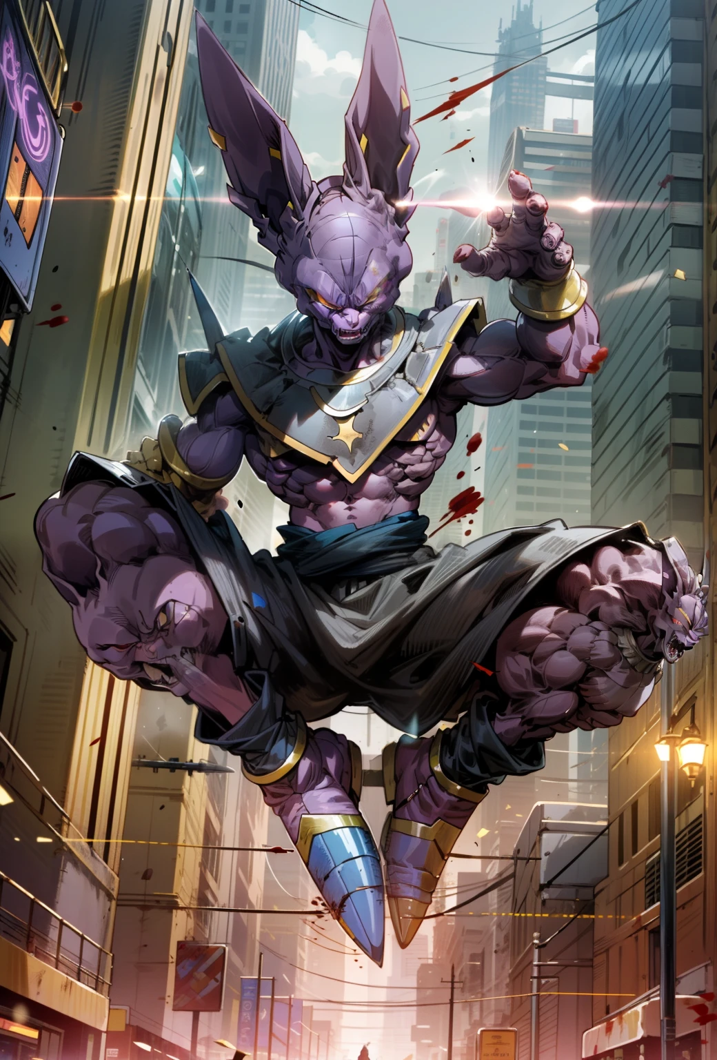 masterpiece, best quality, (beerus), he is scared, male focus, strong muscles, movie composition, flying, bokeh, (futuristic), (full body), city view, godly strenght, he goes super saiyan, he looks deflated, tired, city is destroyed, Wounded with blood, ready to give up the fight