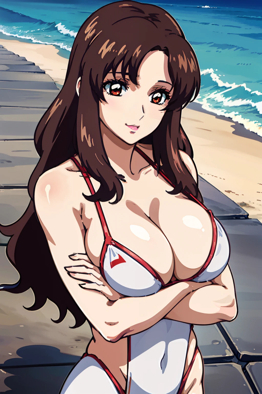 (masterpiec, best quality, anime screencap:1.5, HD, 8k, photorealistic), 1woman, milf, bangs, brown_hair, long_hair, red eyes, lipstick, makeup, blush, huge breast, cleavage, white micro bikini, (fold-arms:1.5), upper body, (perfect anatomy, perfect detailed, shiny skin, beautiful hair, beautiful face, beautiful eyes, beautiful breast), (thick outline, black outline), sunshine, beach,