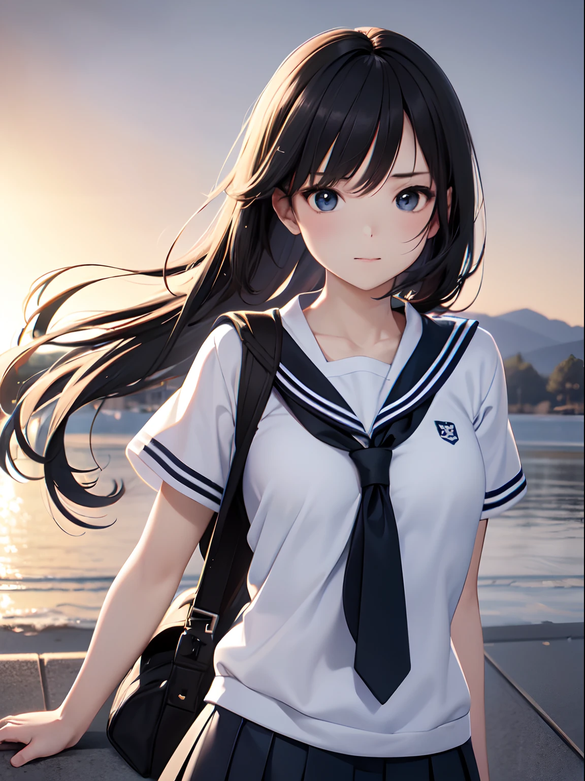 a , female, beautiful and cute, solo character, (black single sidelock hair), bright eyes, gradient eyes, school unifrom, breeze blow,(anime style), (cinematic lighting), (ray tracing), ((reflection light)), ((half-body-shot)), atmospheric perspective, masterpiece, accurate, ((best quality)), high quality, super detail, high details, anatomically correct, highRes, 1080p,