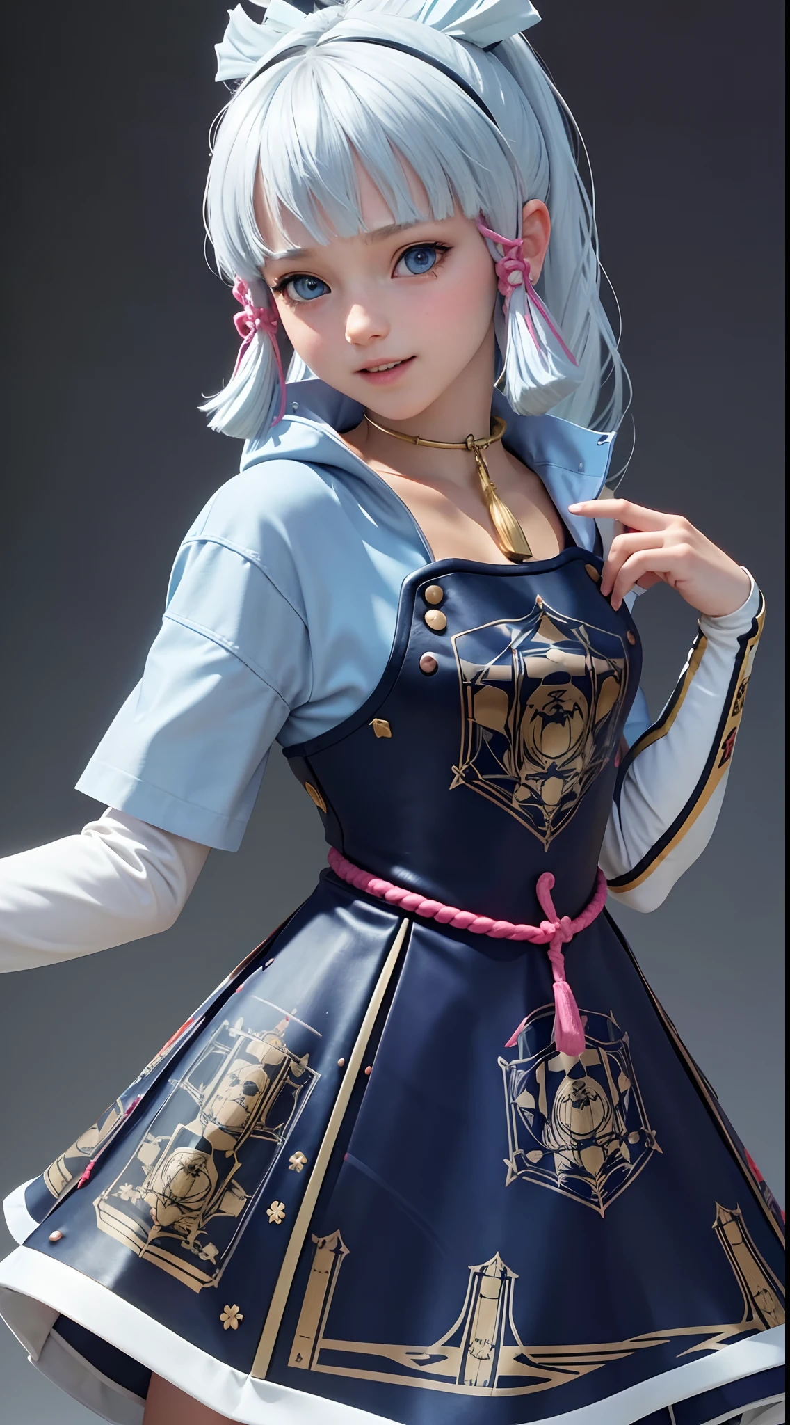 {best quality}, {{masterpiece}}, {highres}, extremely detailed CG, extremely detailed 8K wallpaper, extremely detailed character,{an extremely delicate and beautiful portrait}, (((portrait))), solo, sharp focus, dramatic angle, {{cinematiclighting}}, (photorealistic:2),{{{character({{{a girl}}}, {{{{{{loli}}}}}}, smile, opened mouth, beautiful detailed eyes, light blue eyes)}}}, ((12 years old)),highly detailed eyes, highly detailed face,small areola, (cowboy shot), 1 girl, solo, standing, studio background, (black background), gawr gura, gura, shark girl, tail, shark tail, sharp teeth, white hair, multicolored hair, petite, blue hoodie, hair ornament,